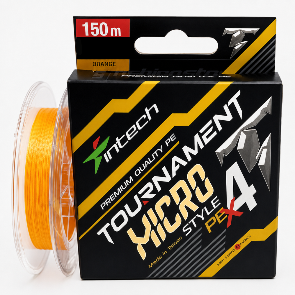 Intech Tournament Micro Style PE X4 orange braided line package with spool beside it