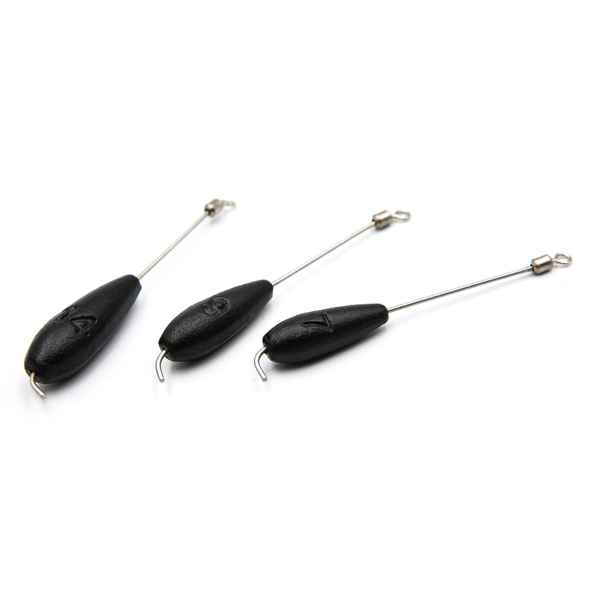 Three dark brown Tokyo Rig weights with wire stems for soft plastic bottom-contact rigs.