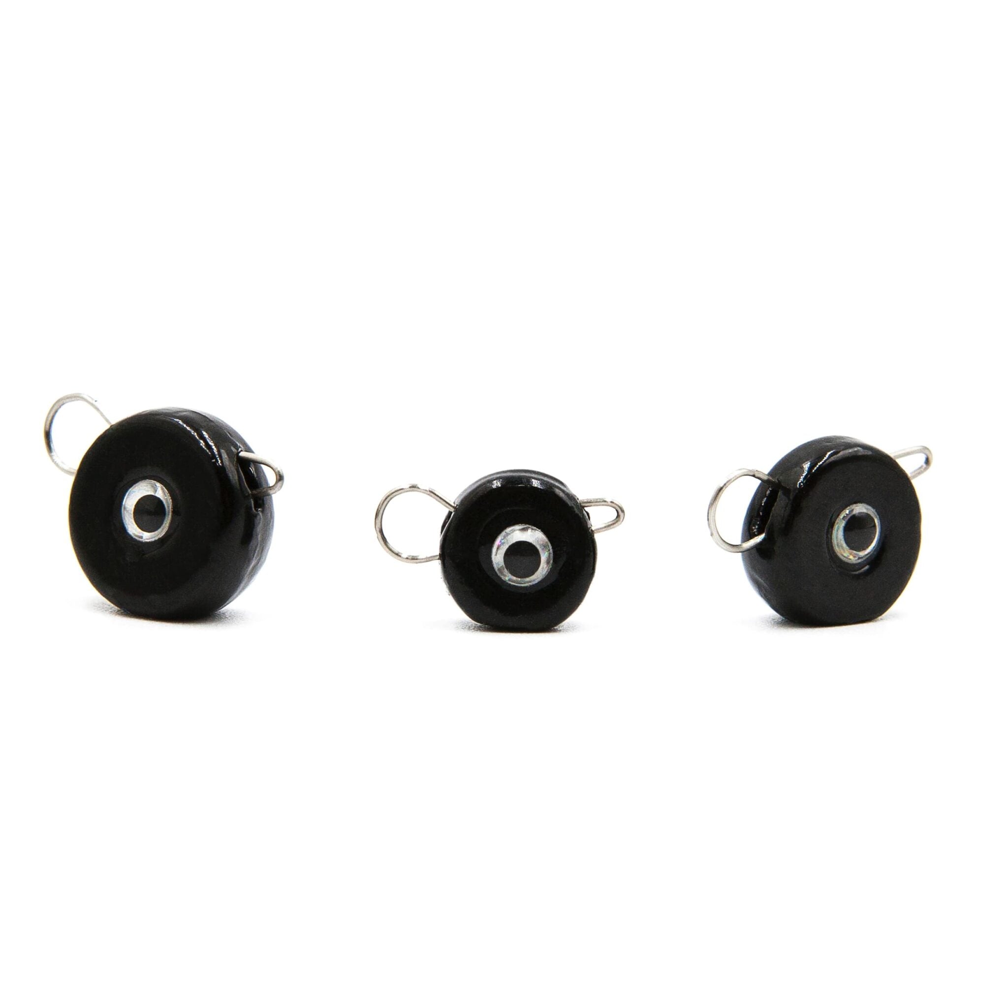 Black eccentric quick-change fishing weights with 3D eyes and removable clips