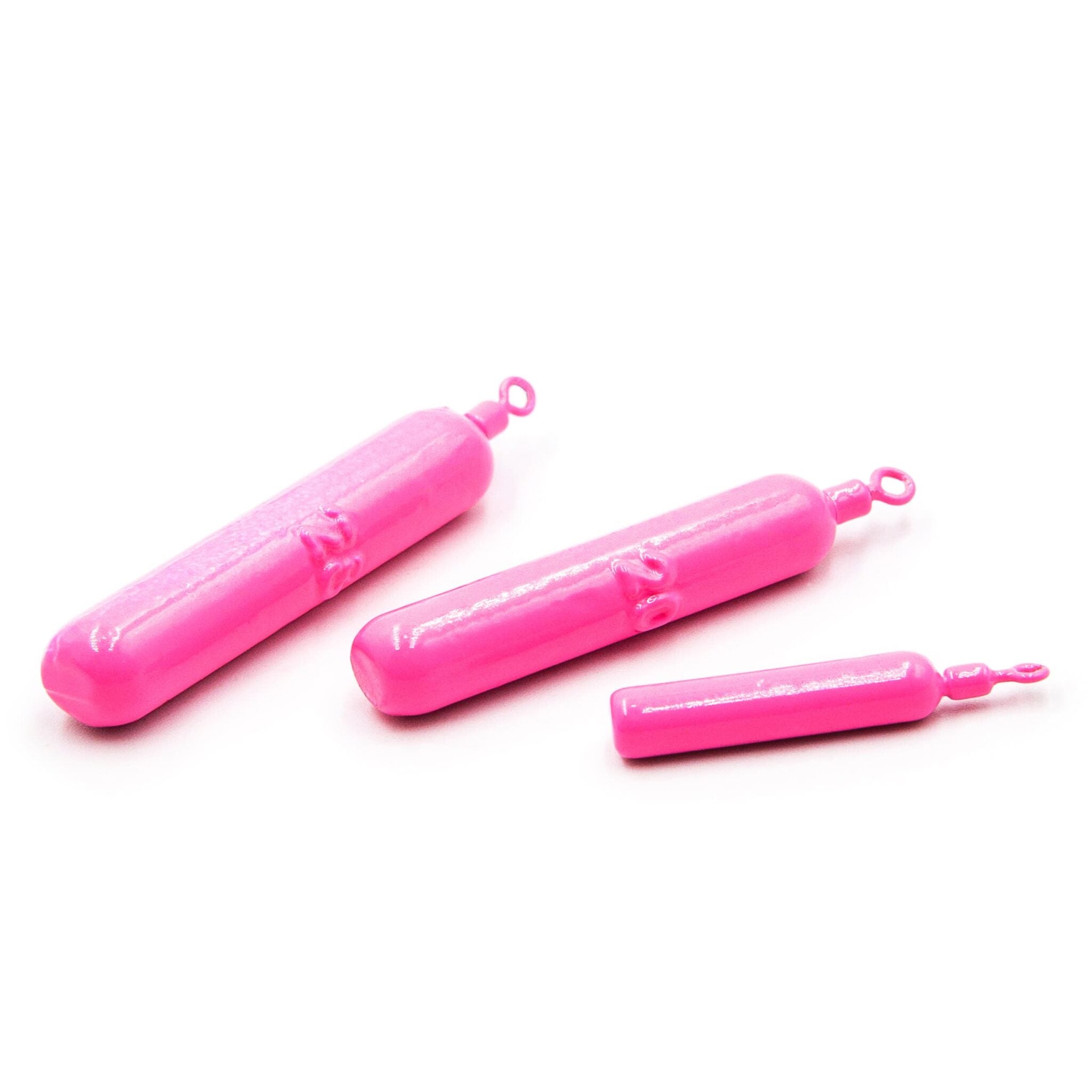 Pink cylinder drop shot weights with swivels for finesse rigs on a white background.