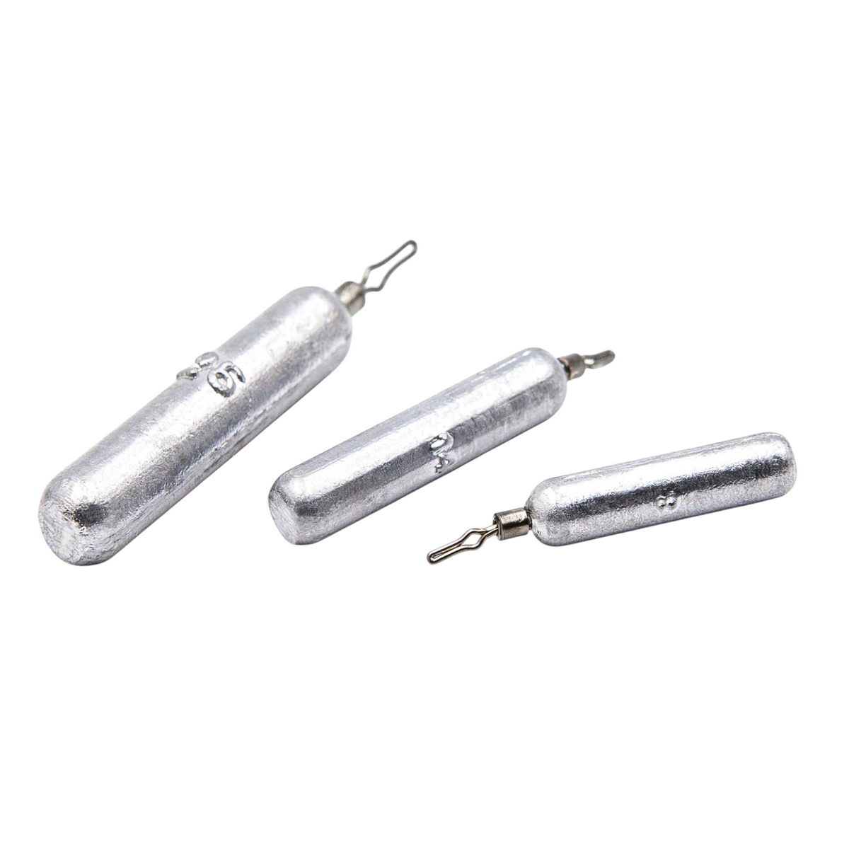 FishTrailCo unpainted lead skinny drop shot weights with quick-change line clips in three different sizes