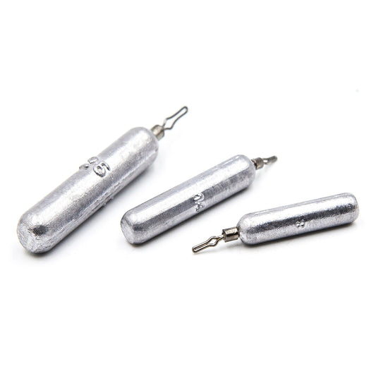 Three silver cylindrical fishing weights on a white background