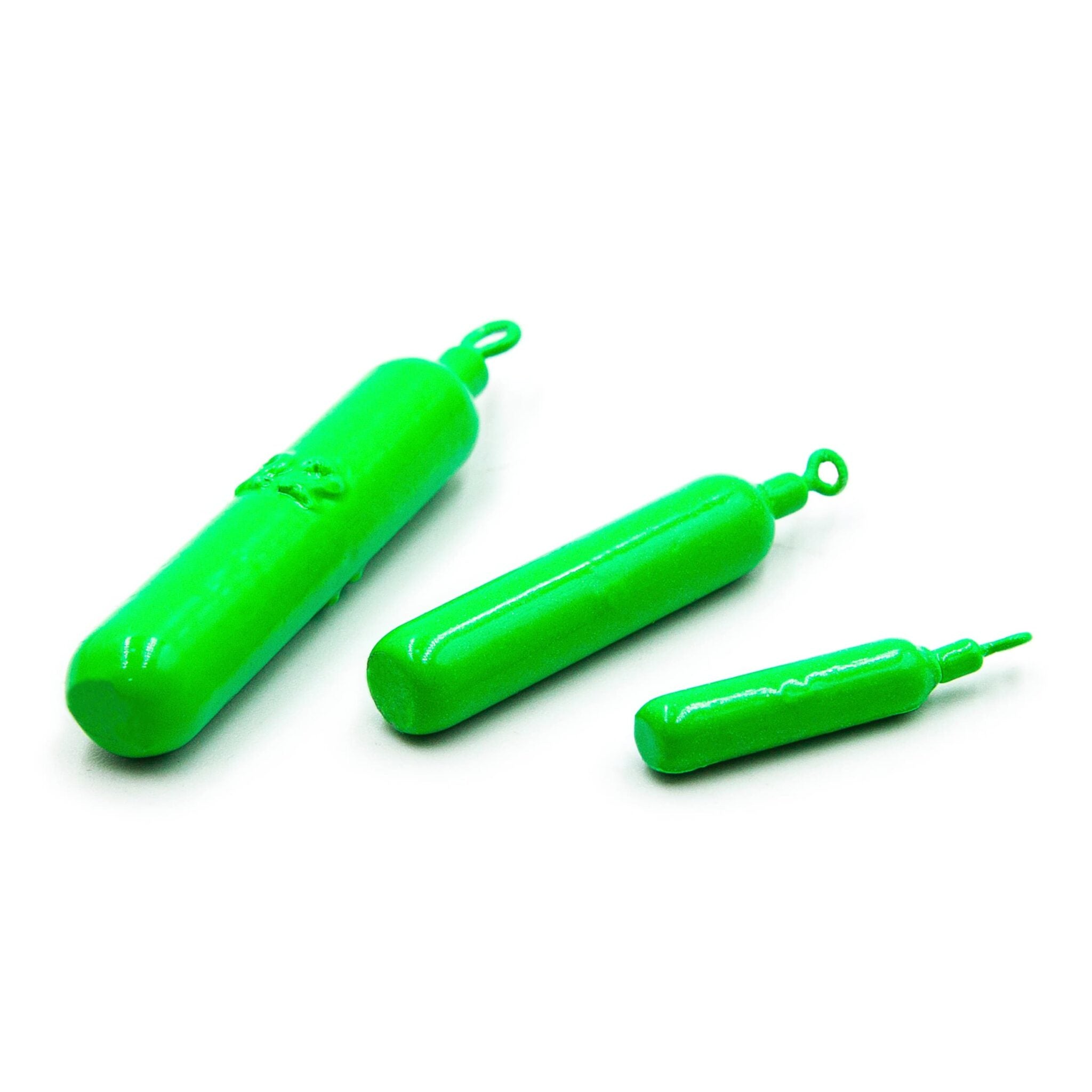 Green Apple cylinder drop shot weights with swivels for finesse rigs on a white background.