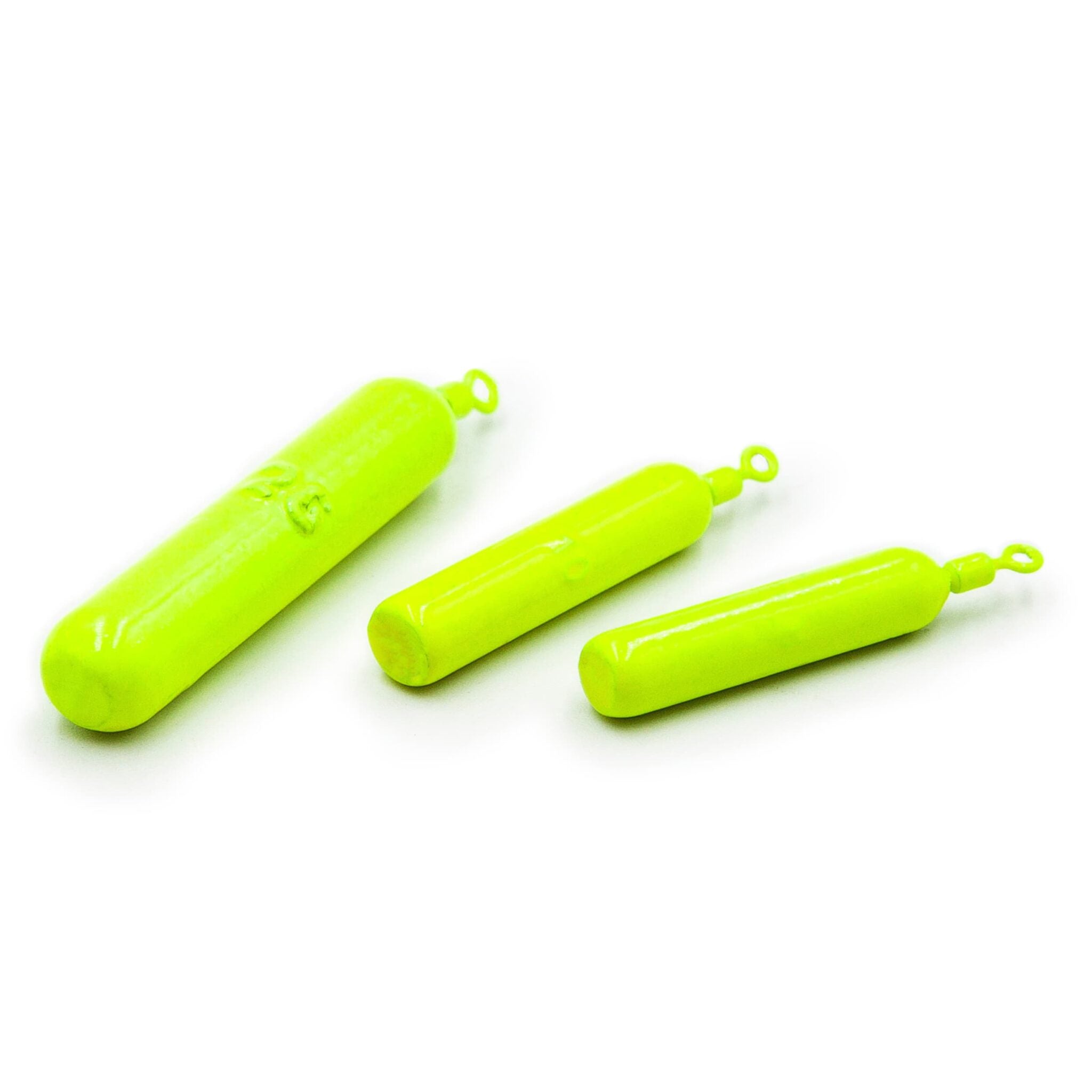 Lime cylinder drop shot weights with swivels for finesse rigs on a white background.