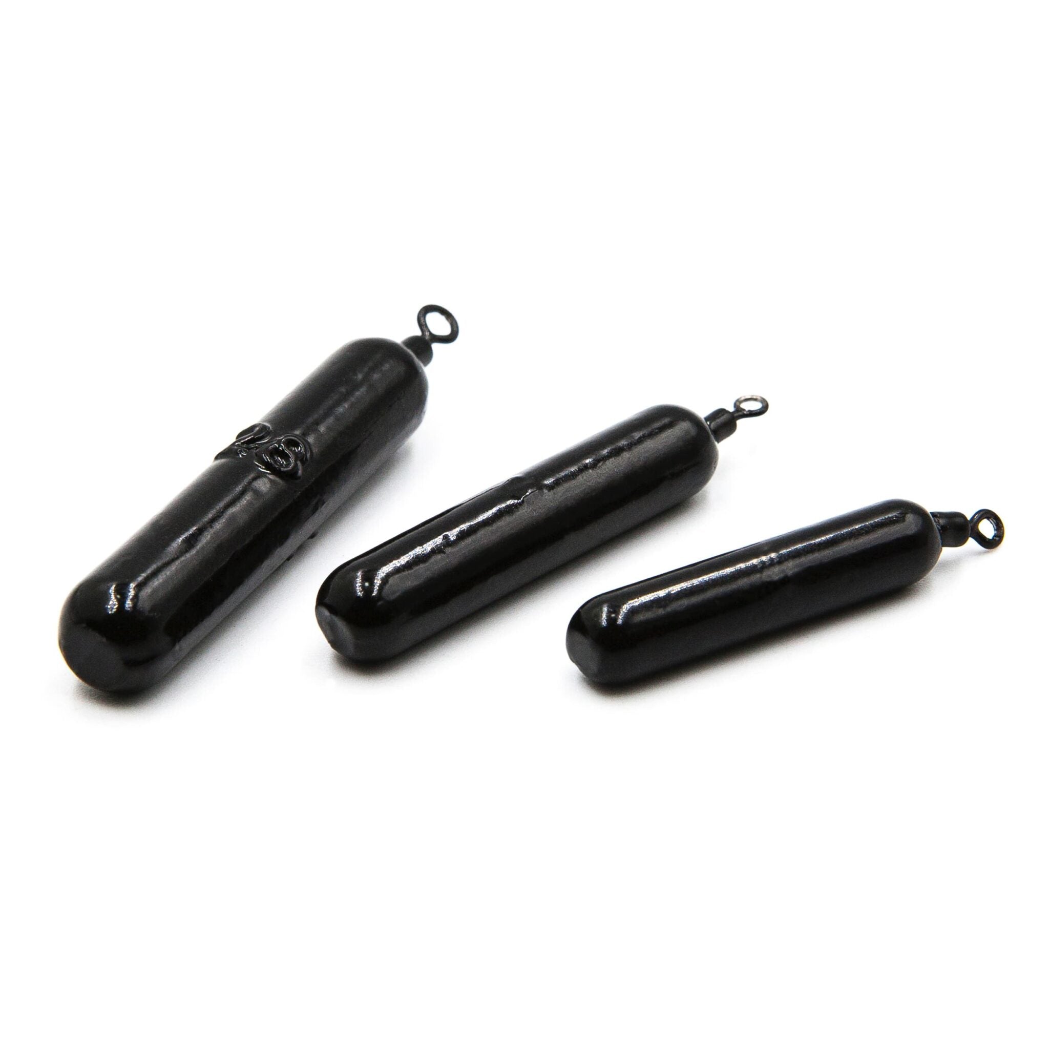 Three black cylinder drop shot weights with swivels for finesse rigs on a white background.