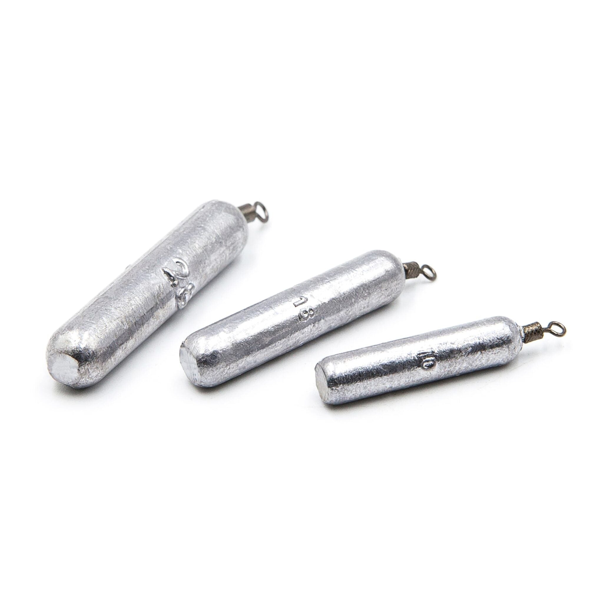Three unpainted drop shot weights with swivel for finesse rigs on white background.