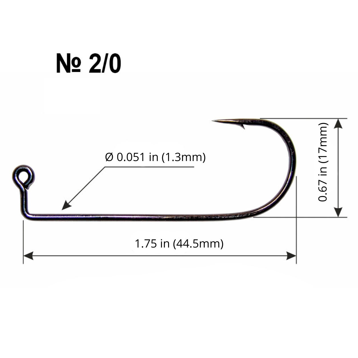  Long Shank Fishing Hook 2/0 with measurements on a white background 