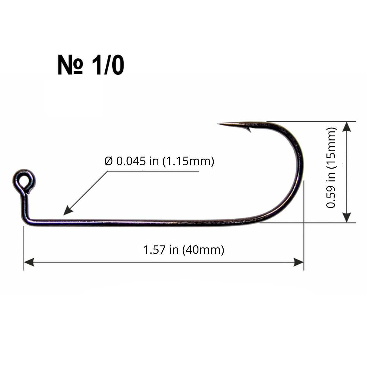  Long Shank Fishing Hook 1/0 with measurements on a white background 