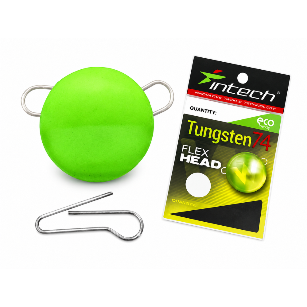 Intech Tungsten 74 Gloss Chartreuse UV quick-change weight with wire clip and retail packaging on a white background