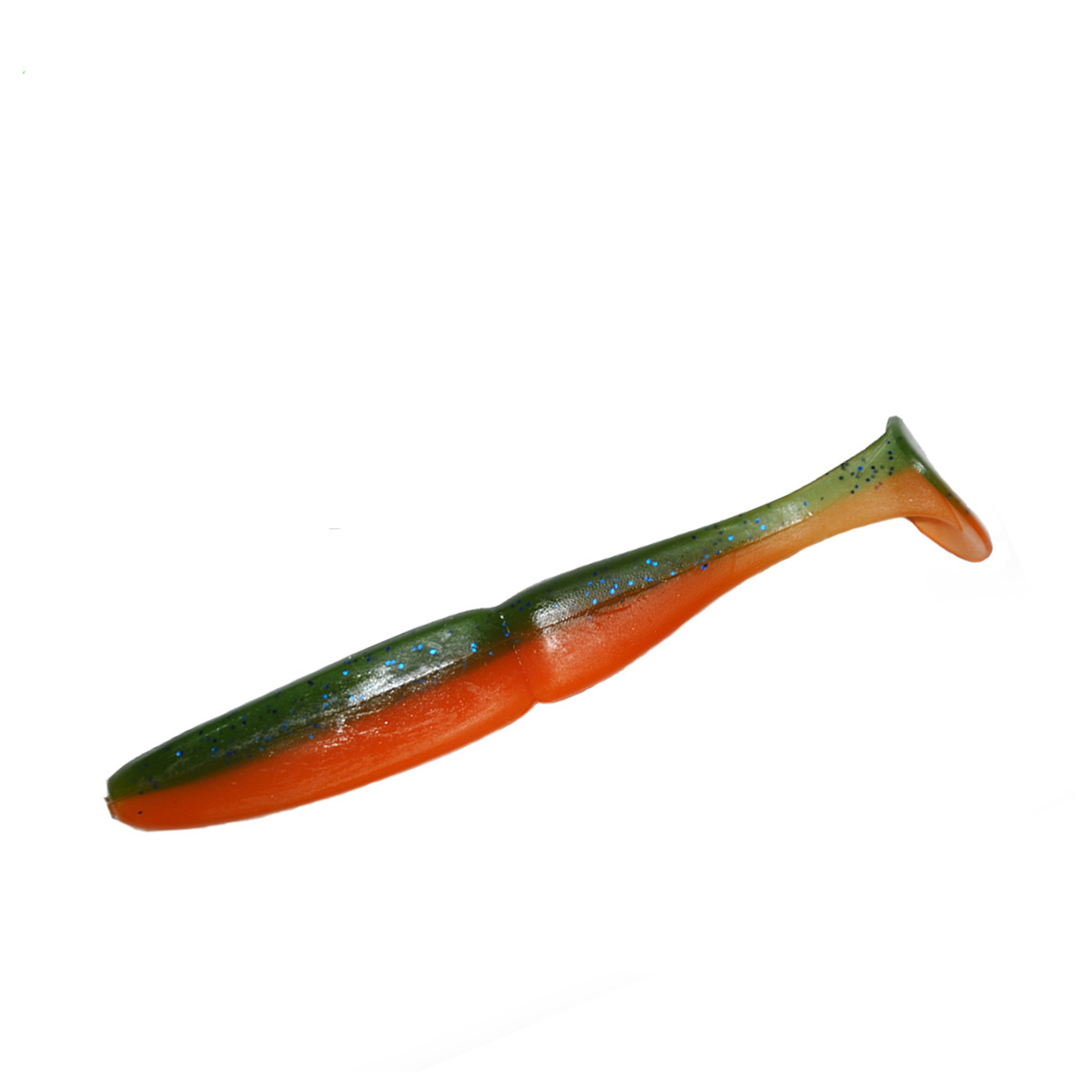 Slim Shad 3.3-inch Olive Orange paddle tail swimbait soft plastic lure with a slim baitfish profile and subtle tail kick.