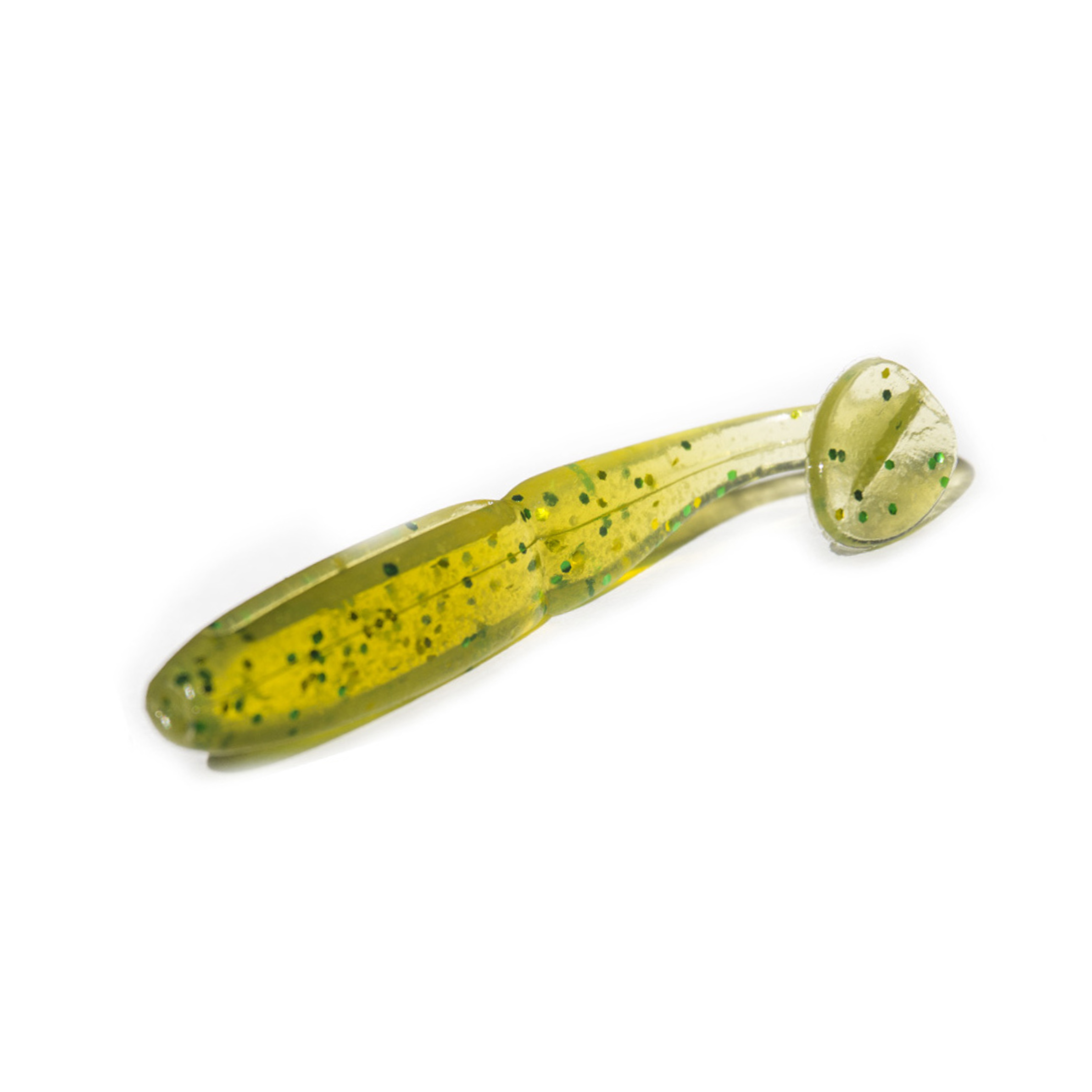 Slim Shad 3.3-inch Chartreuse Pepper paddle tail swimbait soft plastic lure with a slim baitfish profile and subtle tail kick.