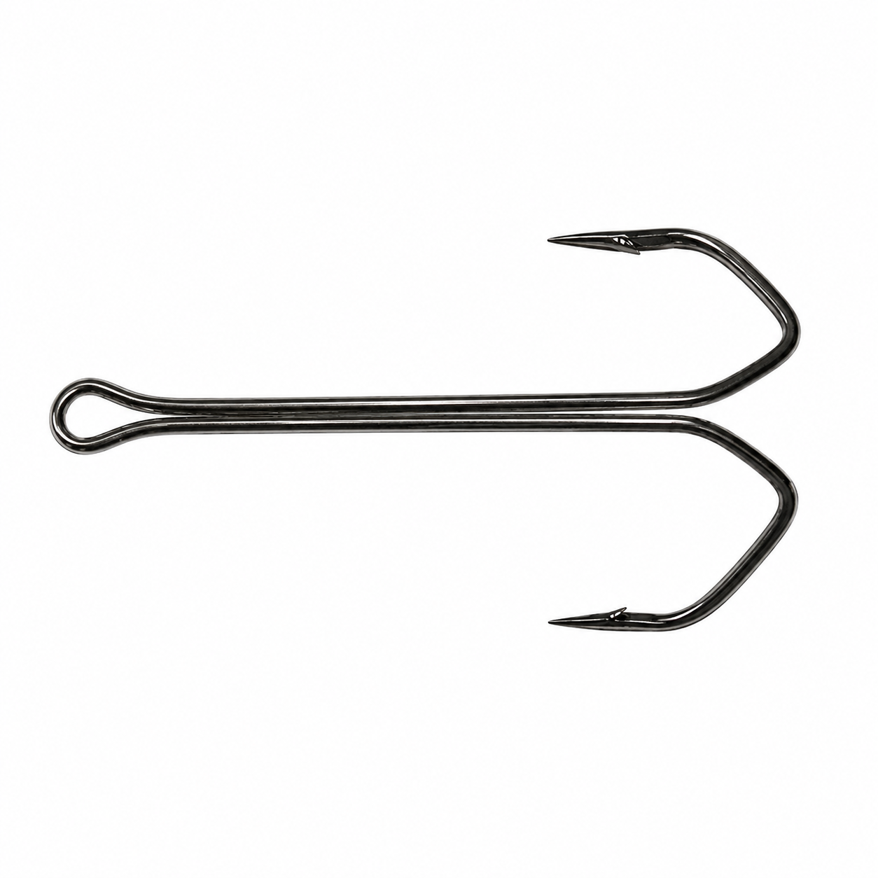 Double fishing hook with long shank and eyelet on white background