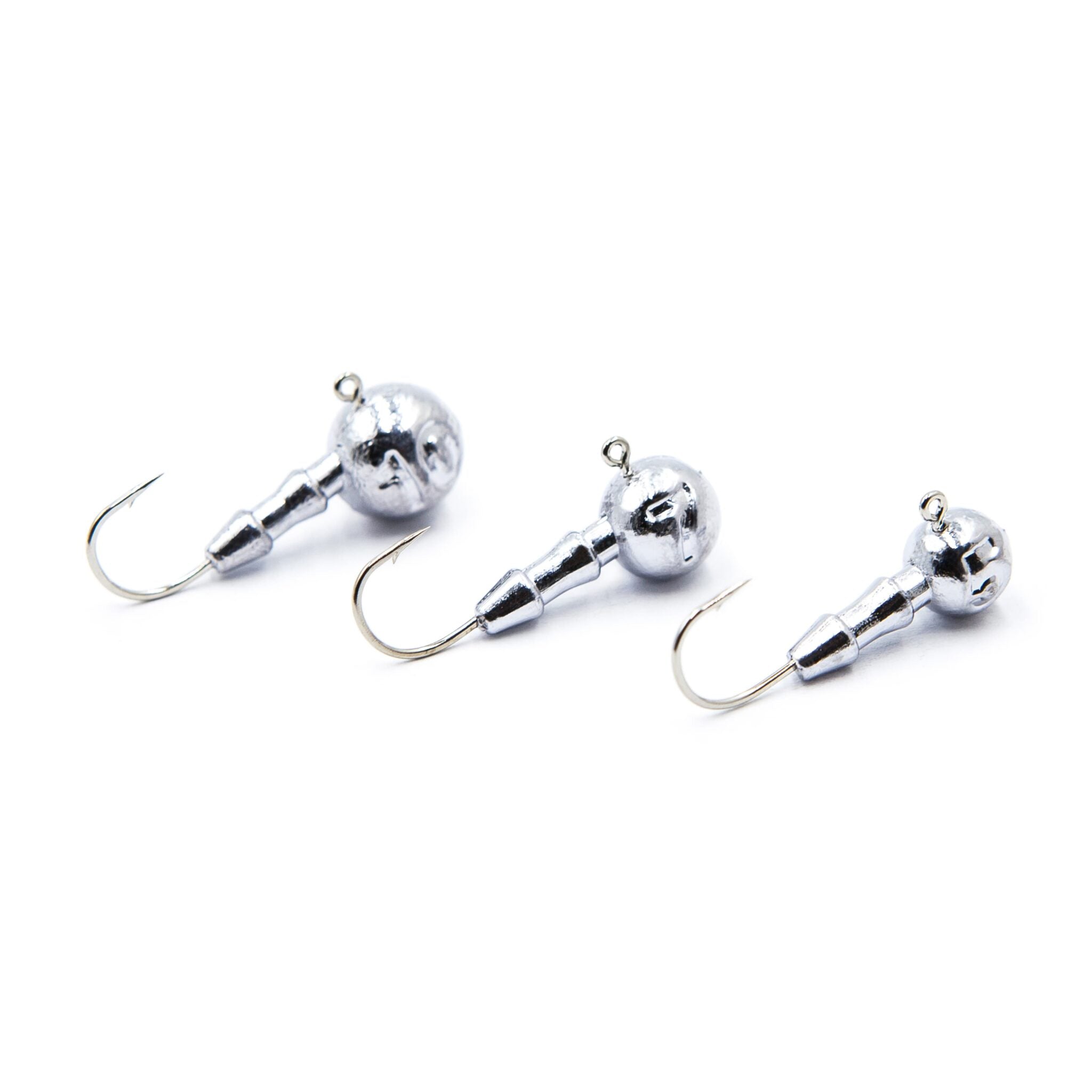Three unpainted FishTrailCo Classic Jig Heads #2 with Mustad hooks.