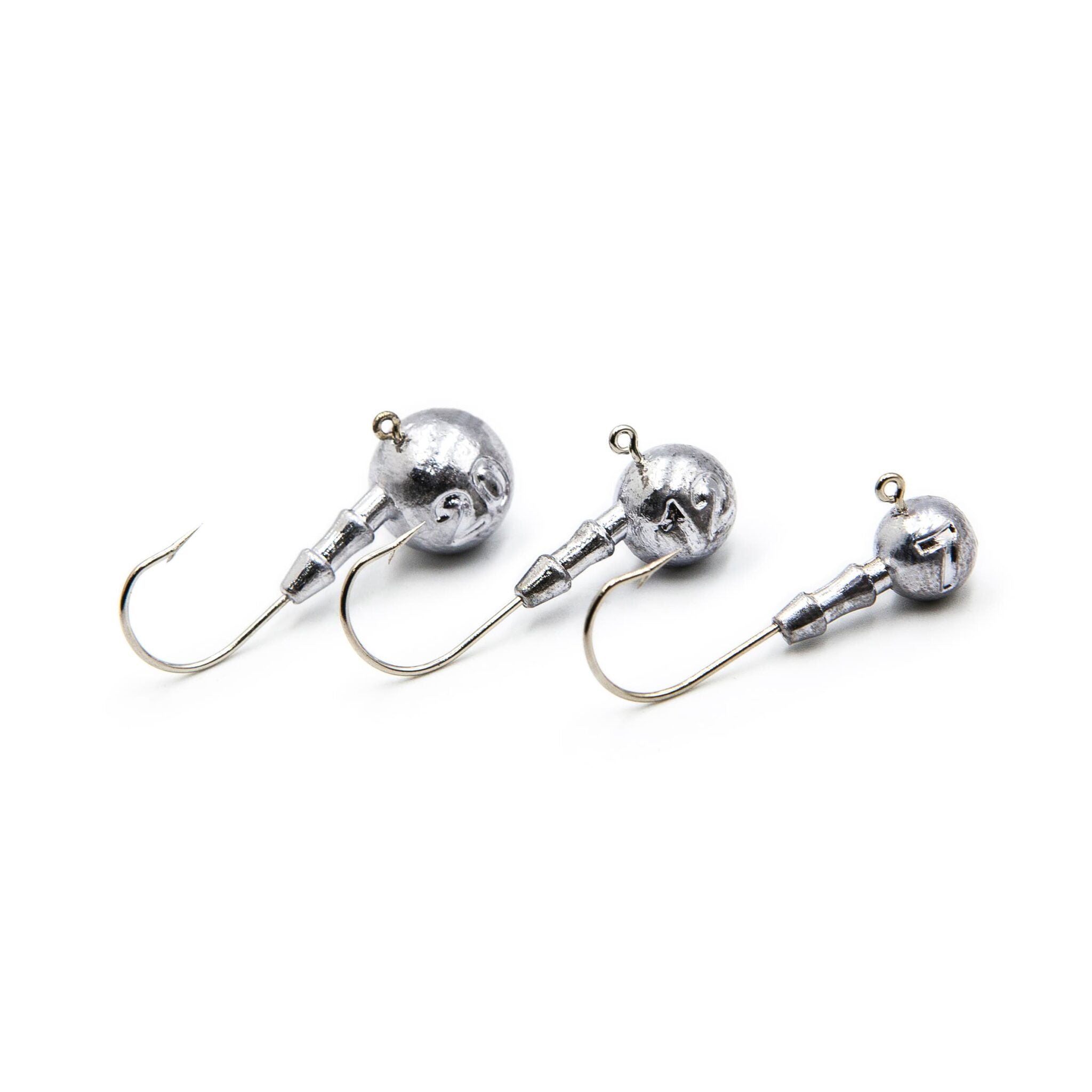 Three unpainted FishTrailCo Classic Jig Heads #2/0 with Mustad hooks.
