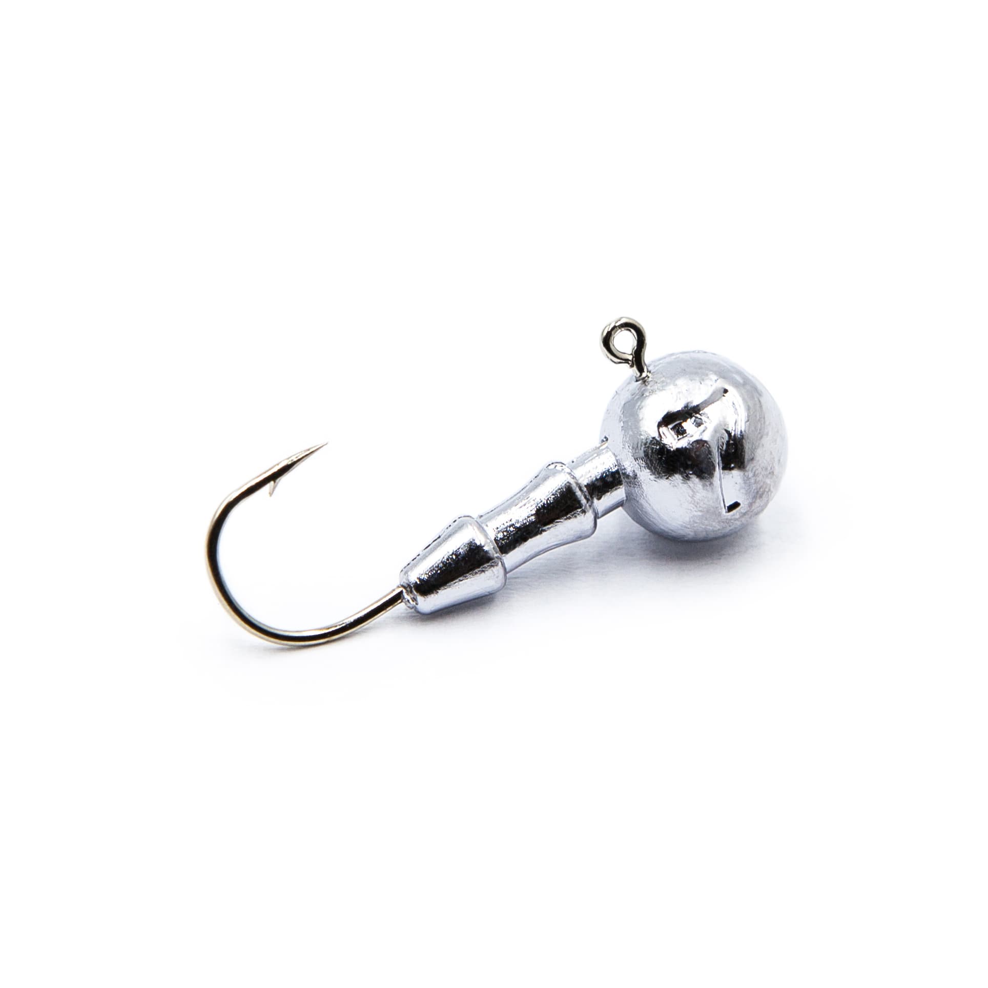 Single unpainted FishTrailCo Classic Jig Head #2 close-up with round ball head.