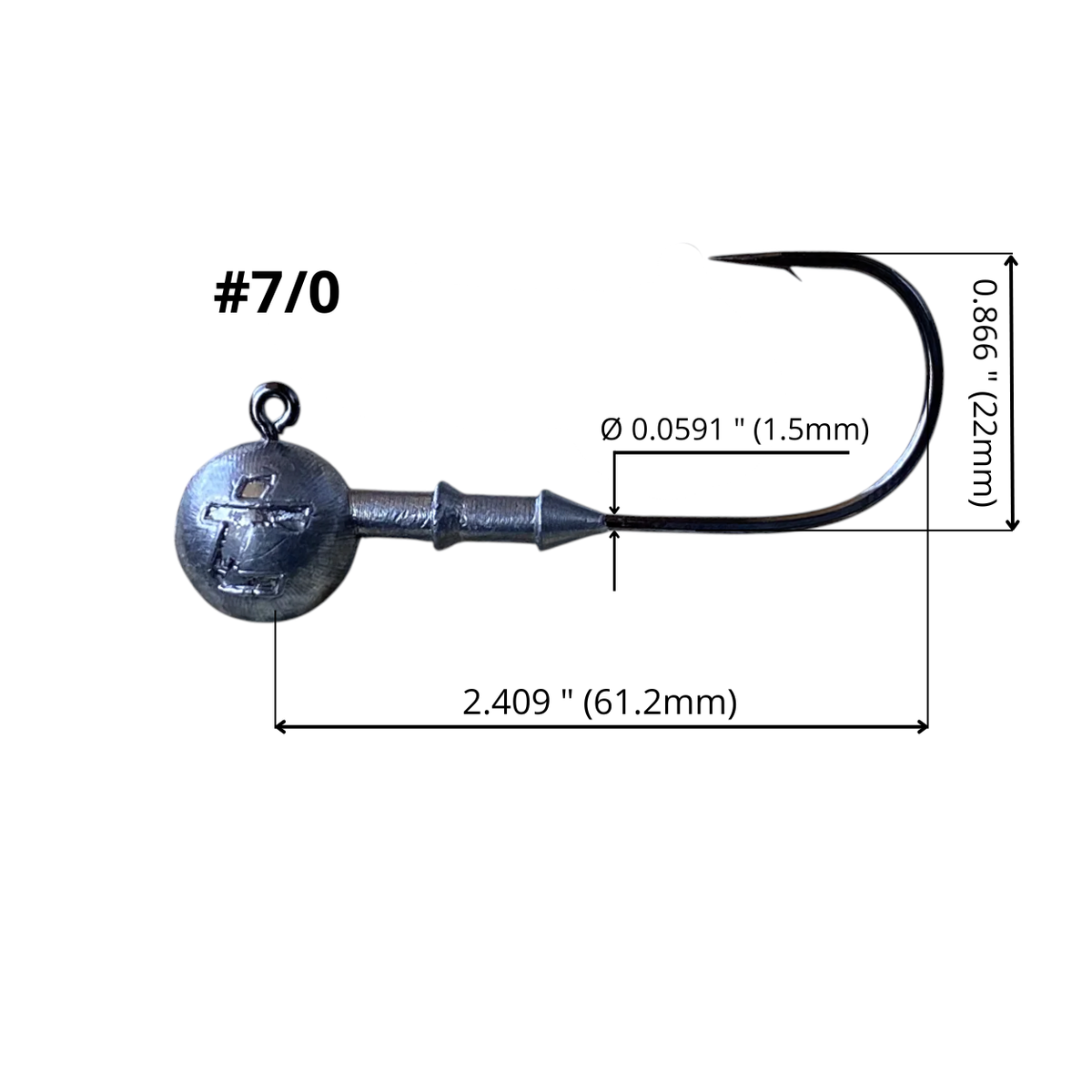 Intech Big Game Puncher 7/0 jig head dimension diagram showing hook length, height and wire diameter on a white background.