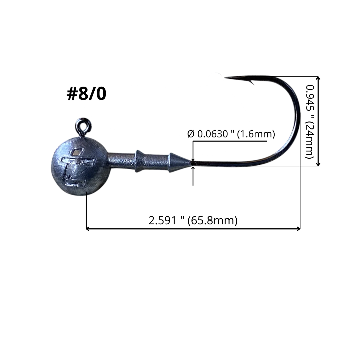Intech Big Game Puncher 8/0 jig head dimension diagram showing hook length, height and wire diameter on a white background.