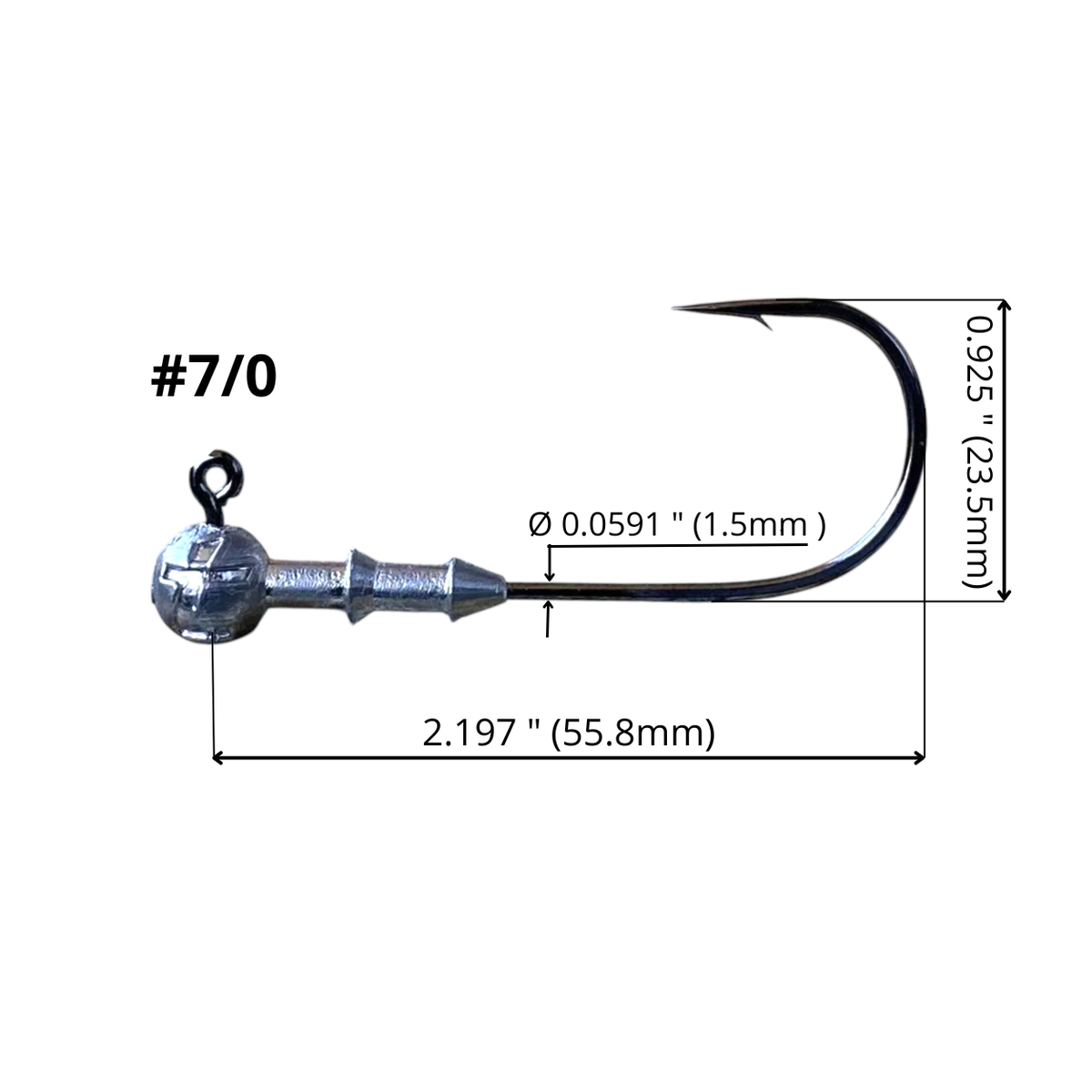 Intech Tournament DJ-Head 31 7/0 jig head dimension diagram showing hook length, height and wire diameter on a white background.
