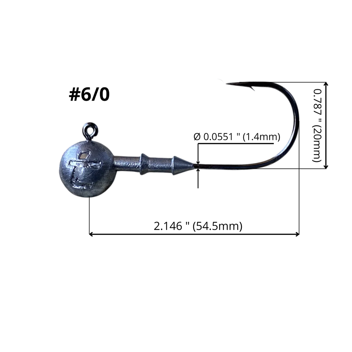Intech Big Game Puncher 6/0 jig head dimension diagram showing hook length, height and wire diameter on a white background.