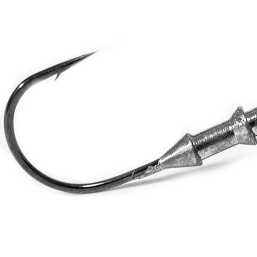 Close-up of Intech Big Game Puncher round jig head and tapered skirt keeper