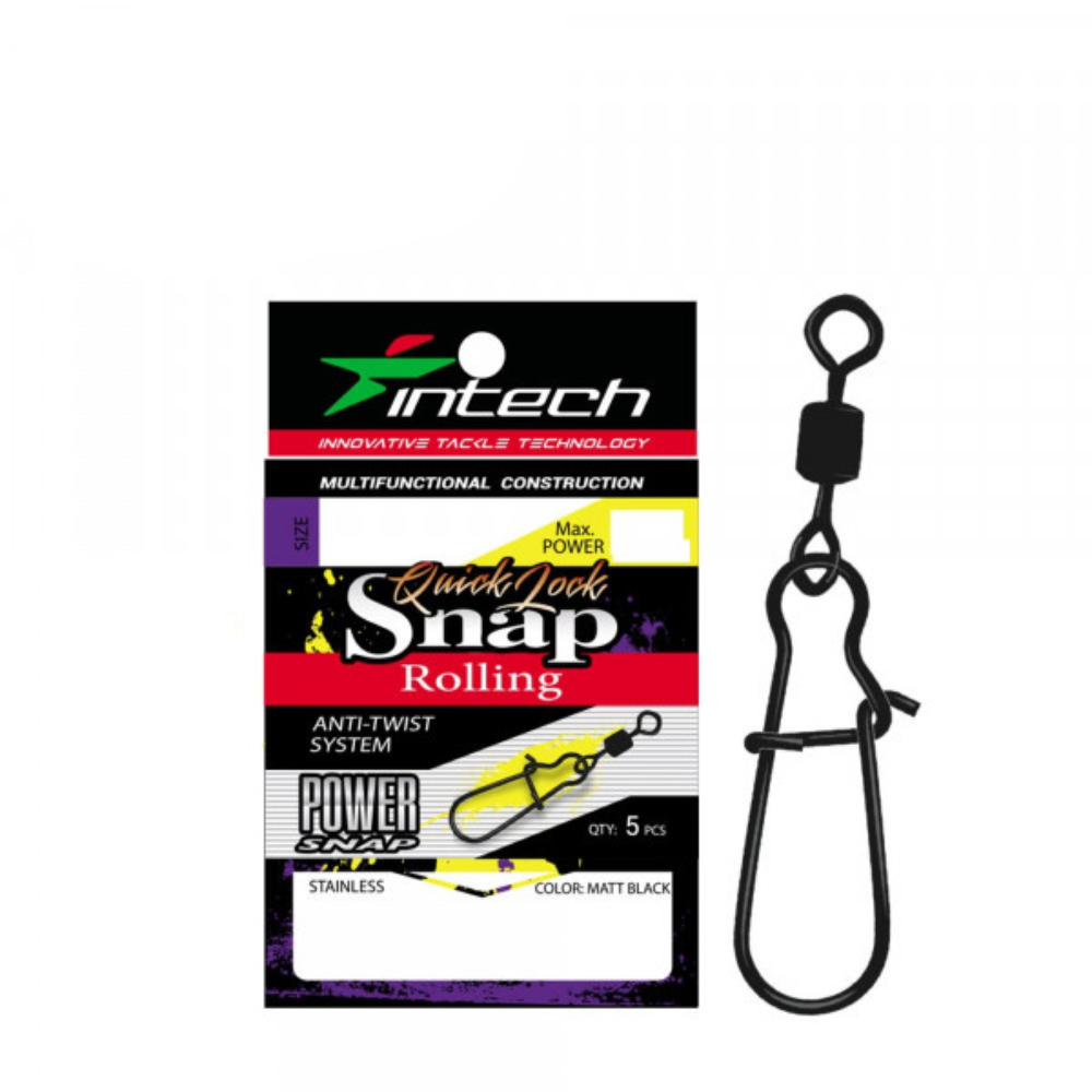 Intech Quick Lock Snap Rolling Matt Black with swivel in retail packaging on a white background