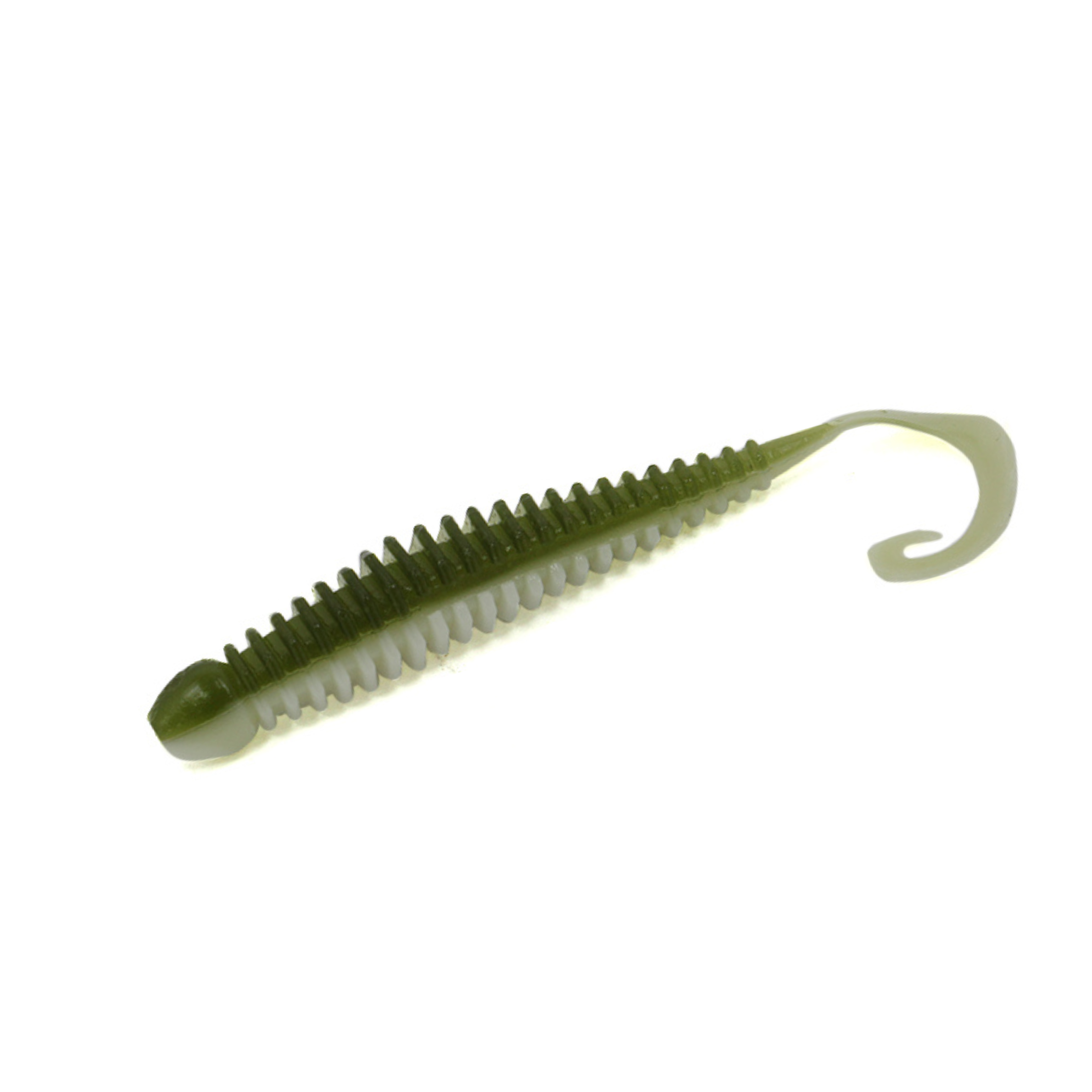 TurboRib 3-inch Green Pumpkin Pearl ribbed twister grub soft plastic lure with curly-tail action on white background.