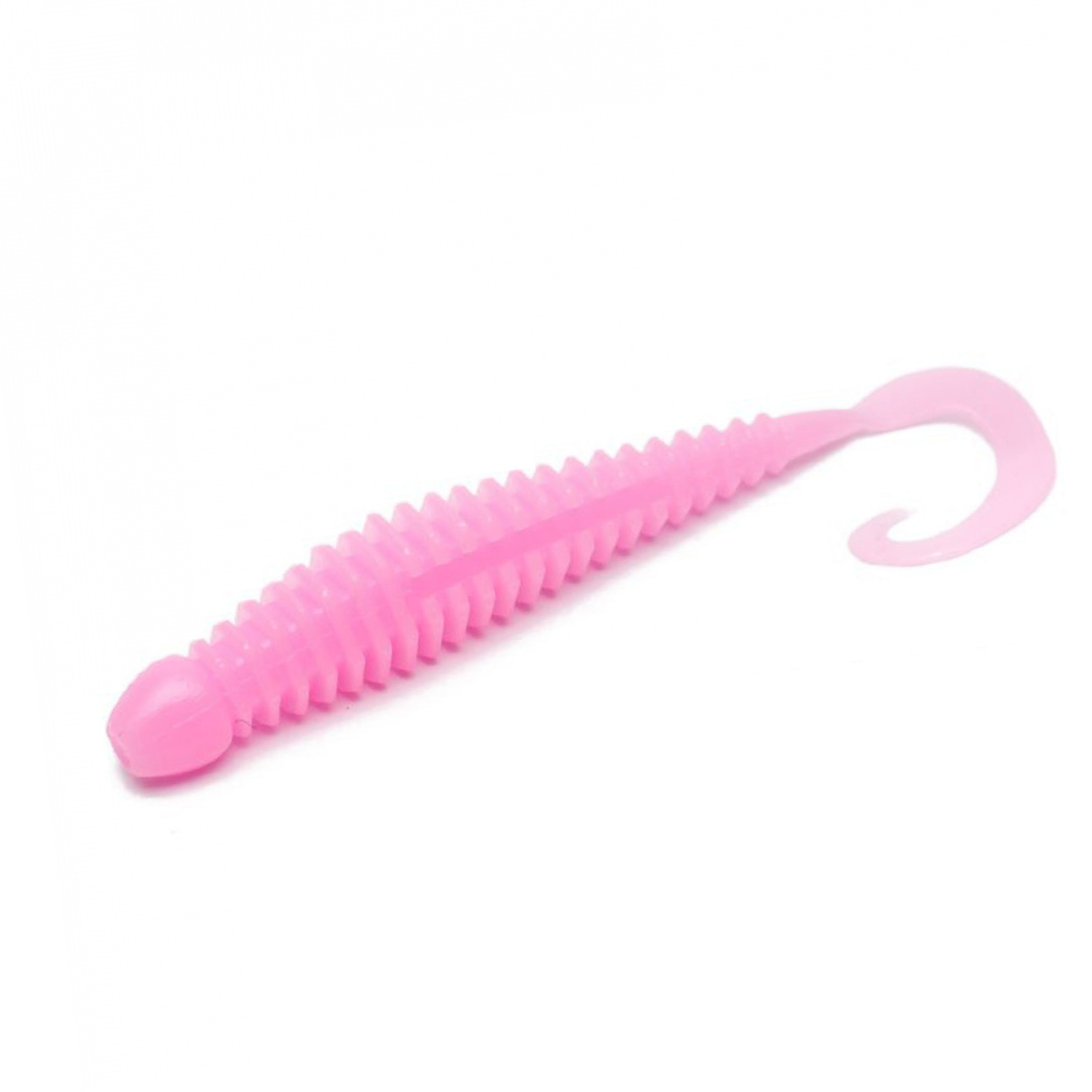 TurboRib 3-inch Bubblegum Pink ribbed twister grub soft plastic lure with curly-tail action on white background.