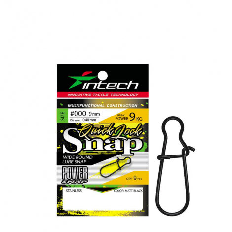 Intech Quick Lock Snap Matt Black fishing snaps in retail packaging on a white background
