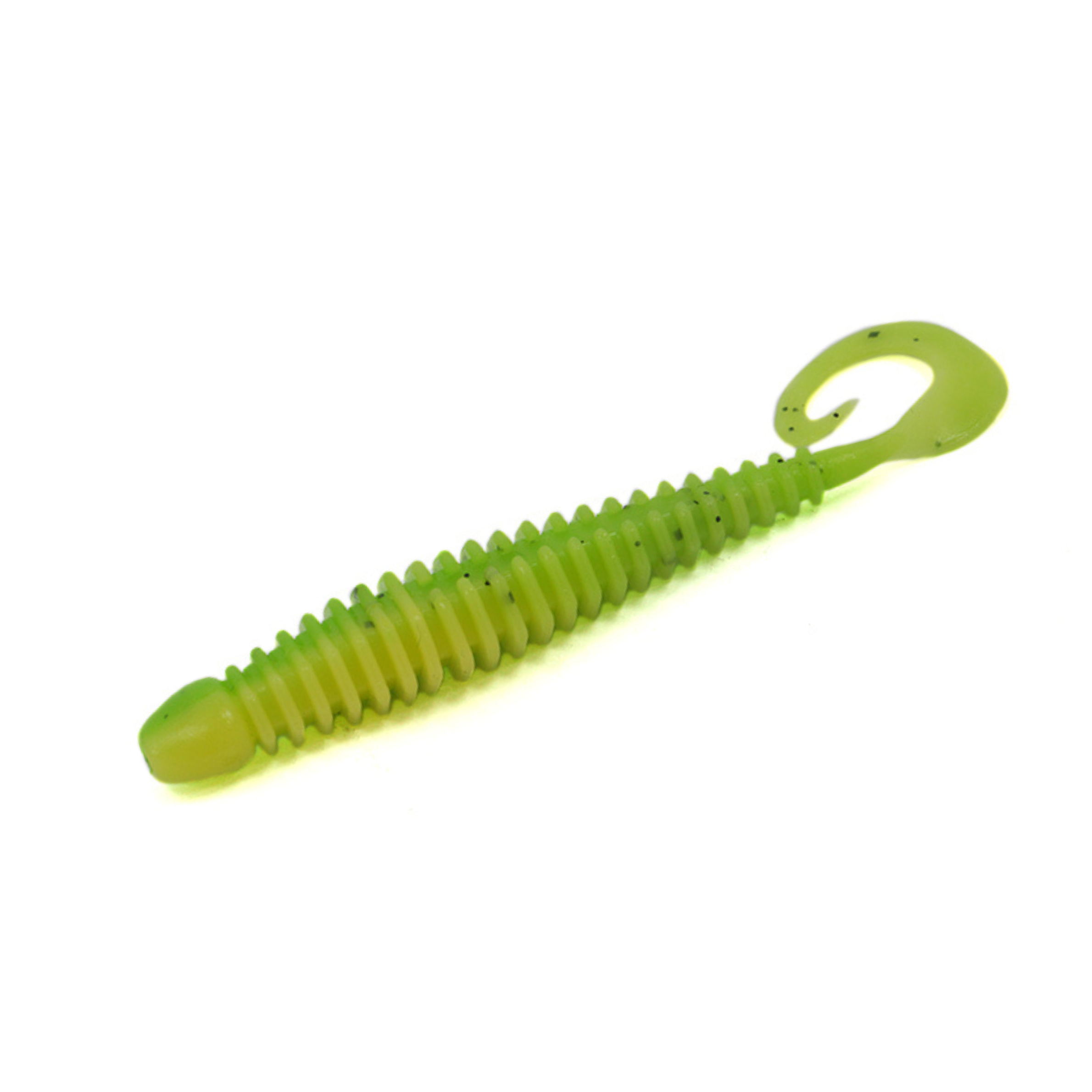 TurboRib 3-inch Chartreuse Lime Pepper ribbed twister grub soft plastic lure with curly-tail action on white background.