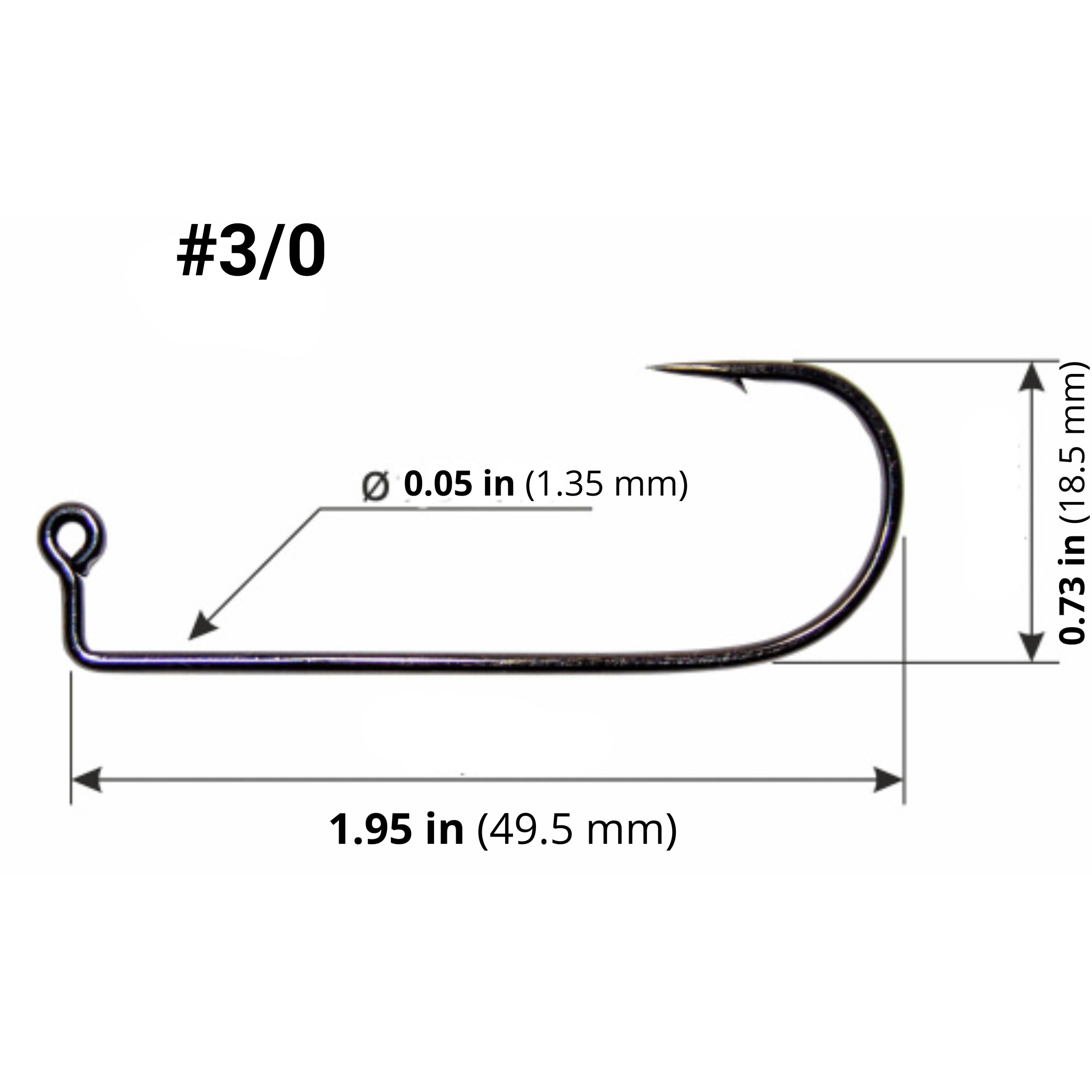 Long Shank Fishing Hook 3/0 with measurements on a white background 