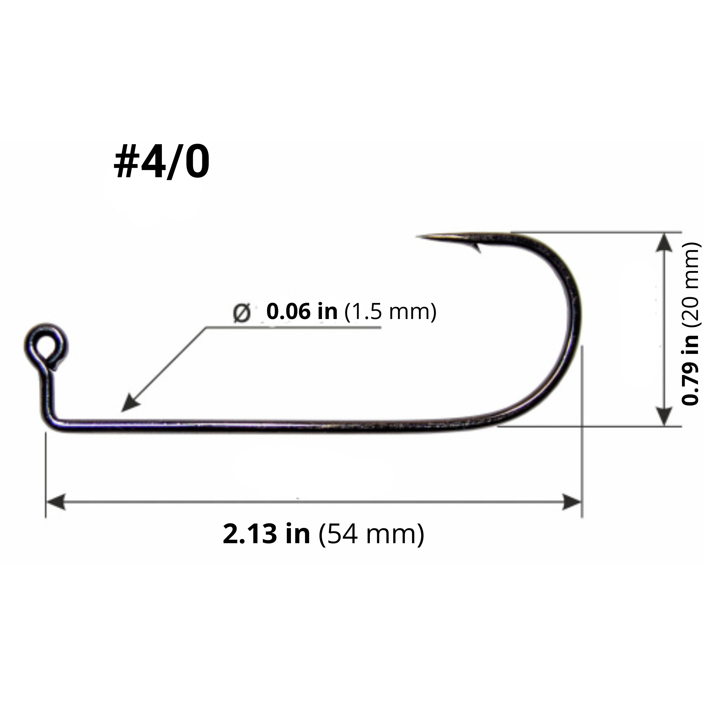  Long Shank Fishing Hook 4/0 with measurements on a white background 