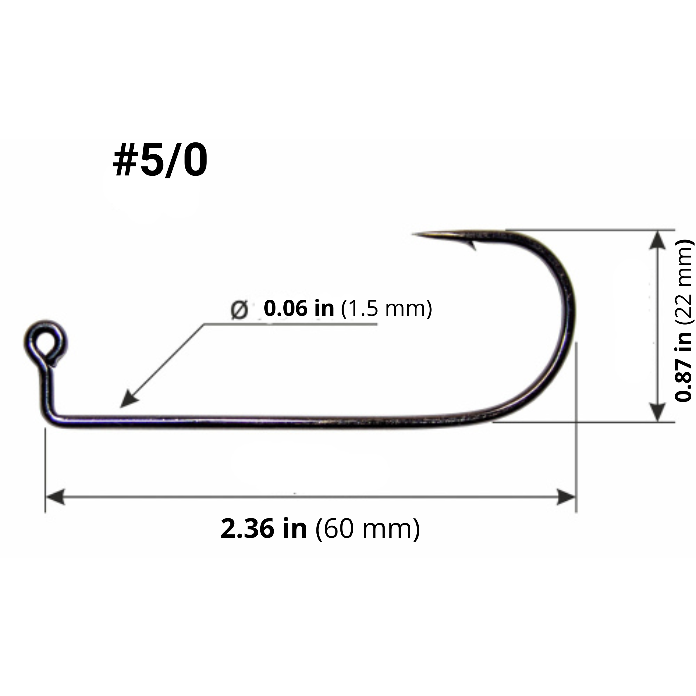  Long Shank Fishing Hook 5/0 with measurements on a white background 