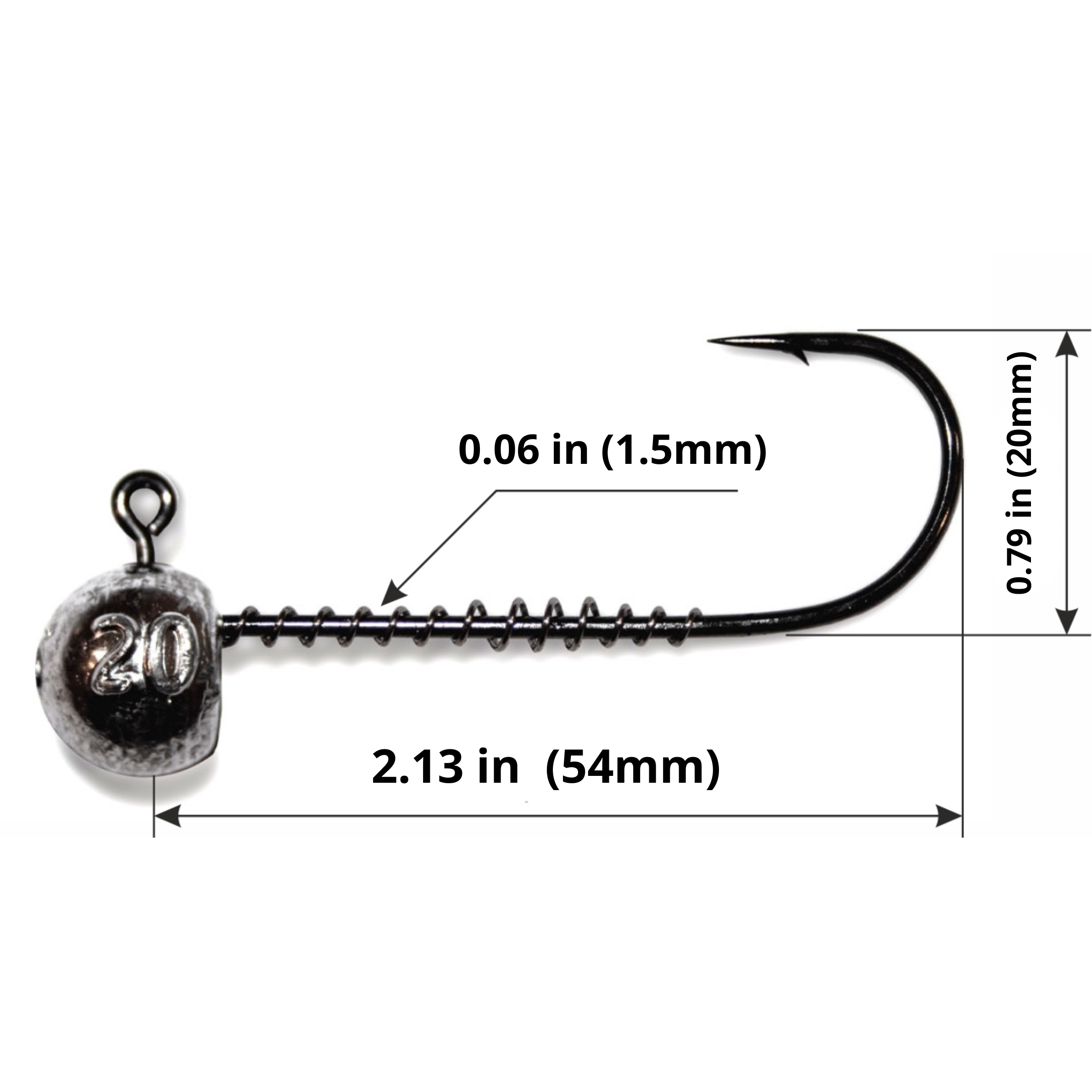 Long shank screw lock jig head 4/0 size diagram showing full jig head measurements.