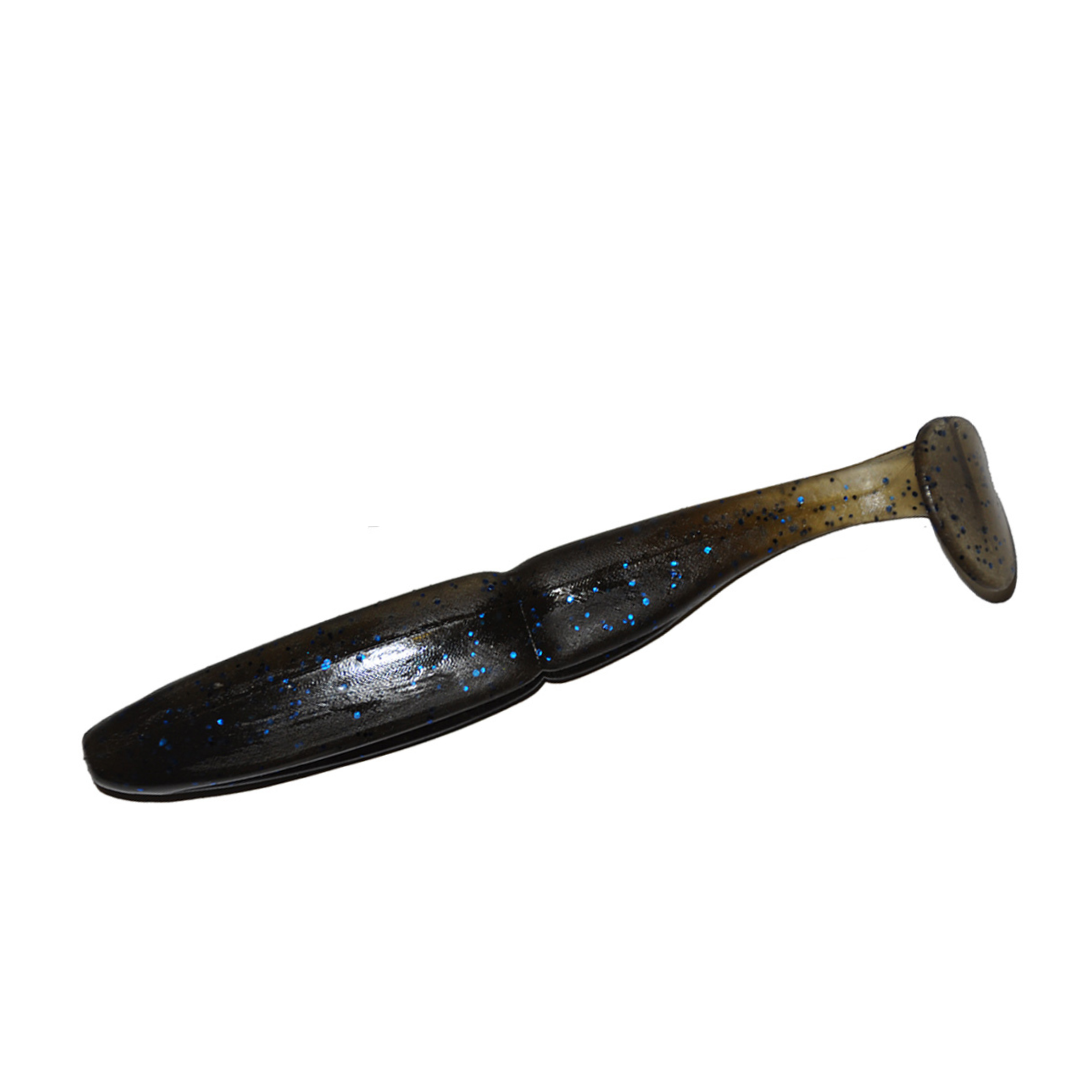 Slim Shad 4-inch Black Blue Glitter paddle tail swimbait soft plastic lure with a slim baitfish profile and subtle tail kick.