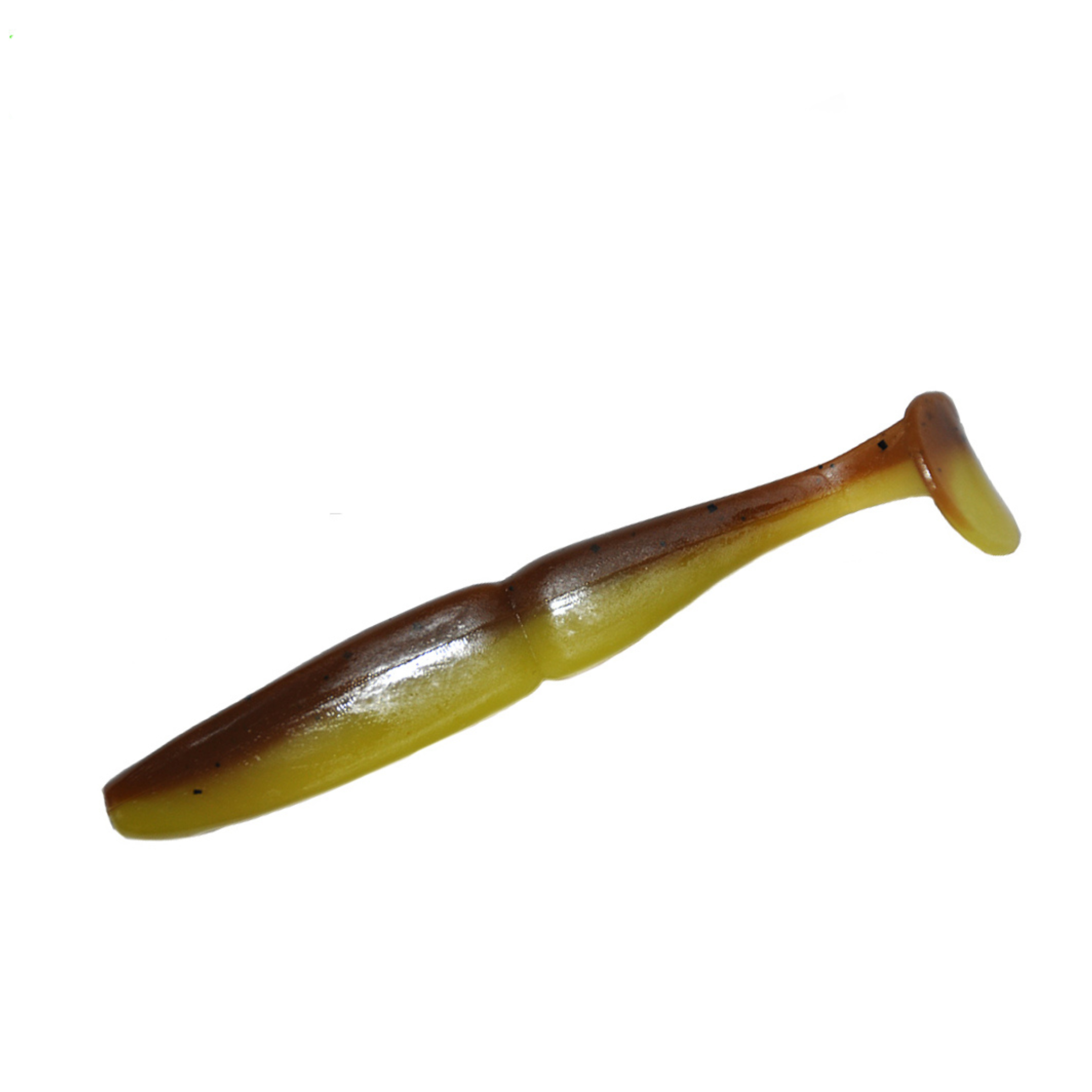 Slim Shad 4-inch Root Beer Olive paddle tail swimbait soft plastic lure with a slim baitfish profile and subtle tail kick.