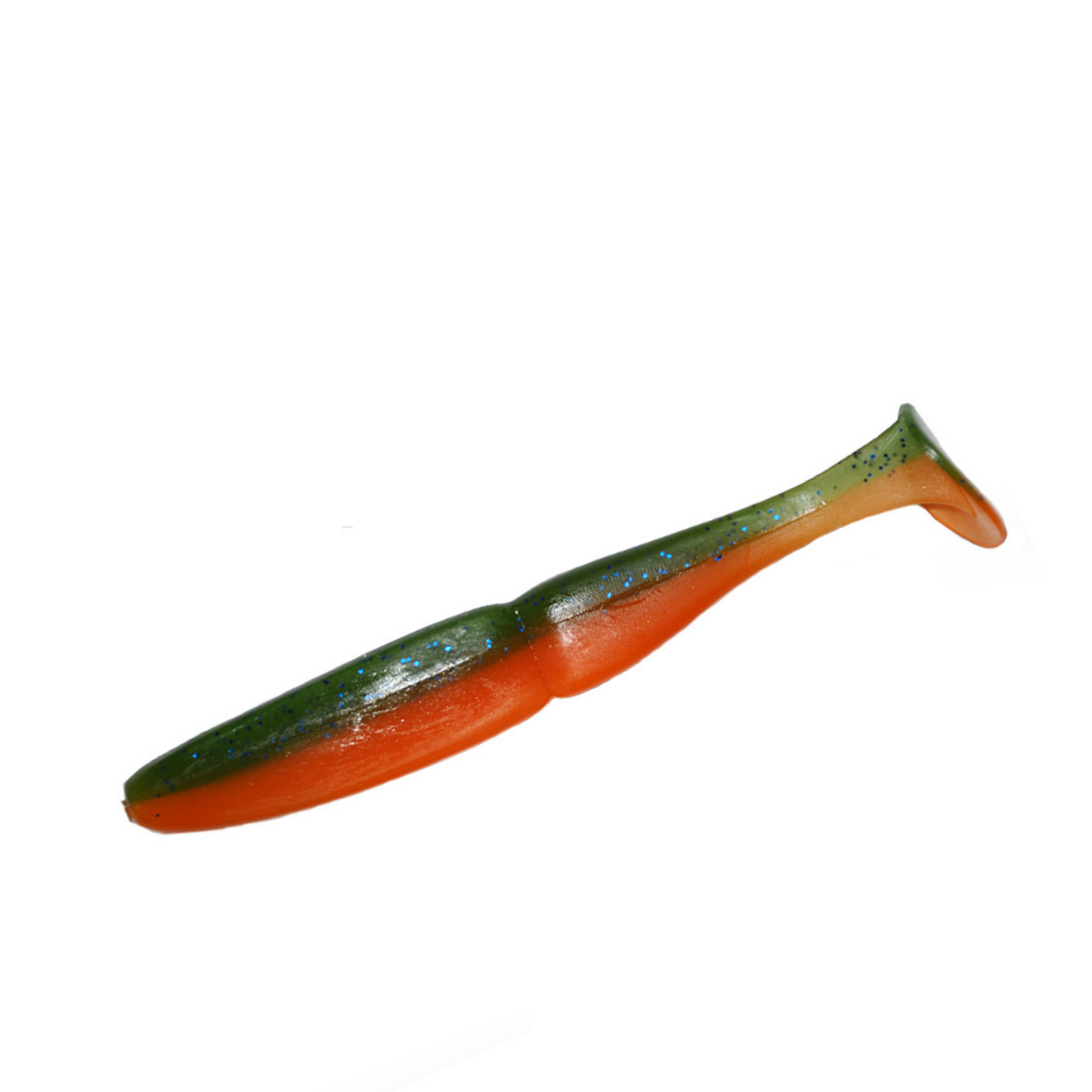 Slim Shad 4-inch Olive Orange paddle tail swimbait soft plastic lure with a slim baitfish profile and subtle tail kick.