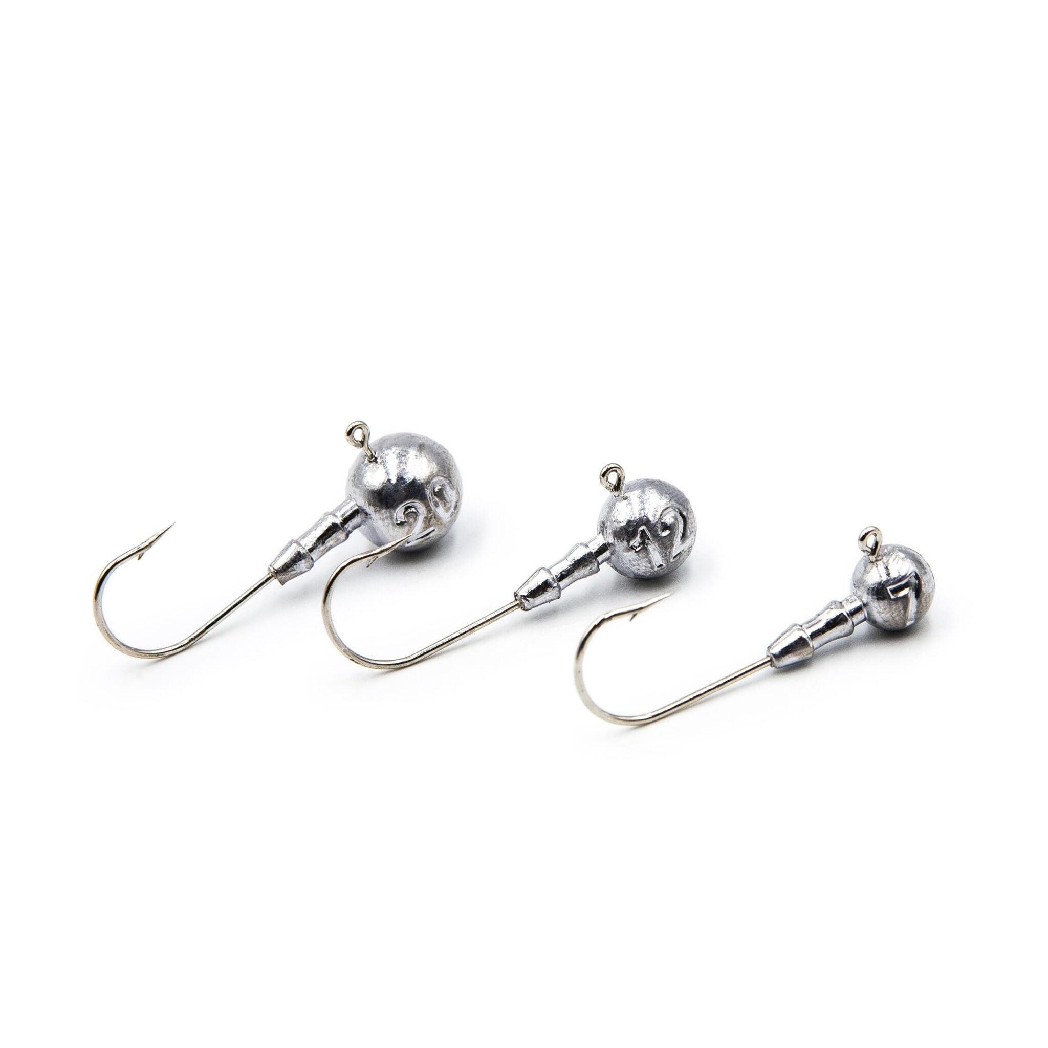 Three unpainted FishTrailCo Classic Jig Heads #3/0 with Mustad hooks.