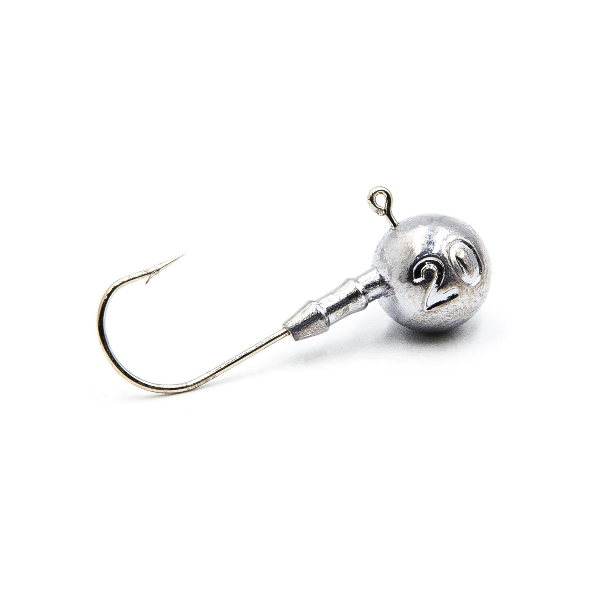 Single unpainted FishTrailCo Classic Jig Head #3/0 close-up with round ball head.