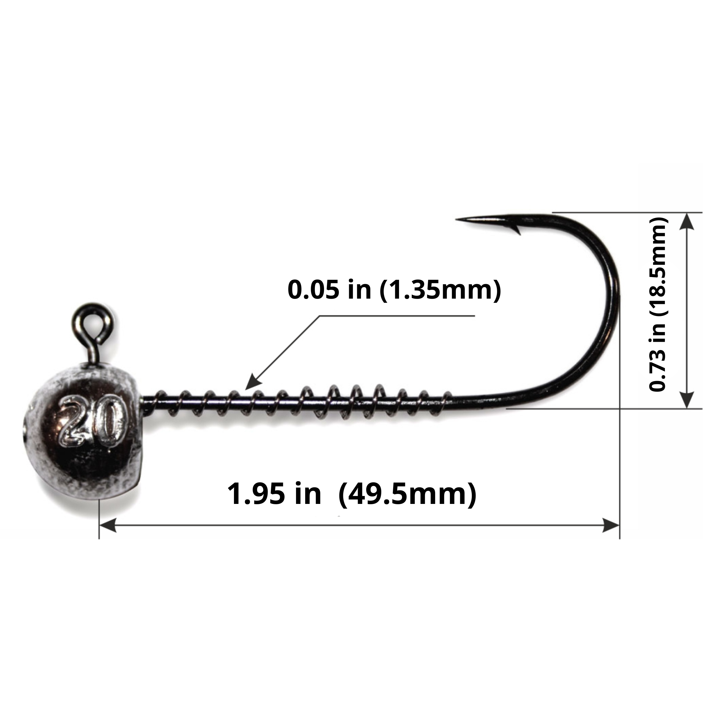 Long shank screw lock jig head 3/0 size diagram showing full jig head measurements.
