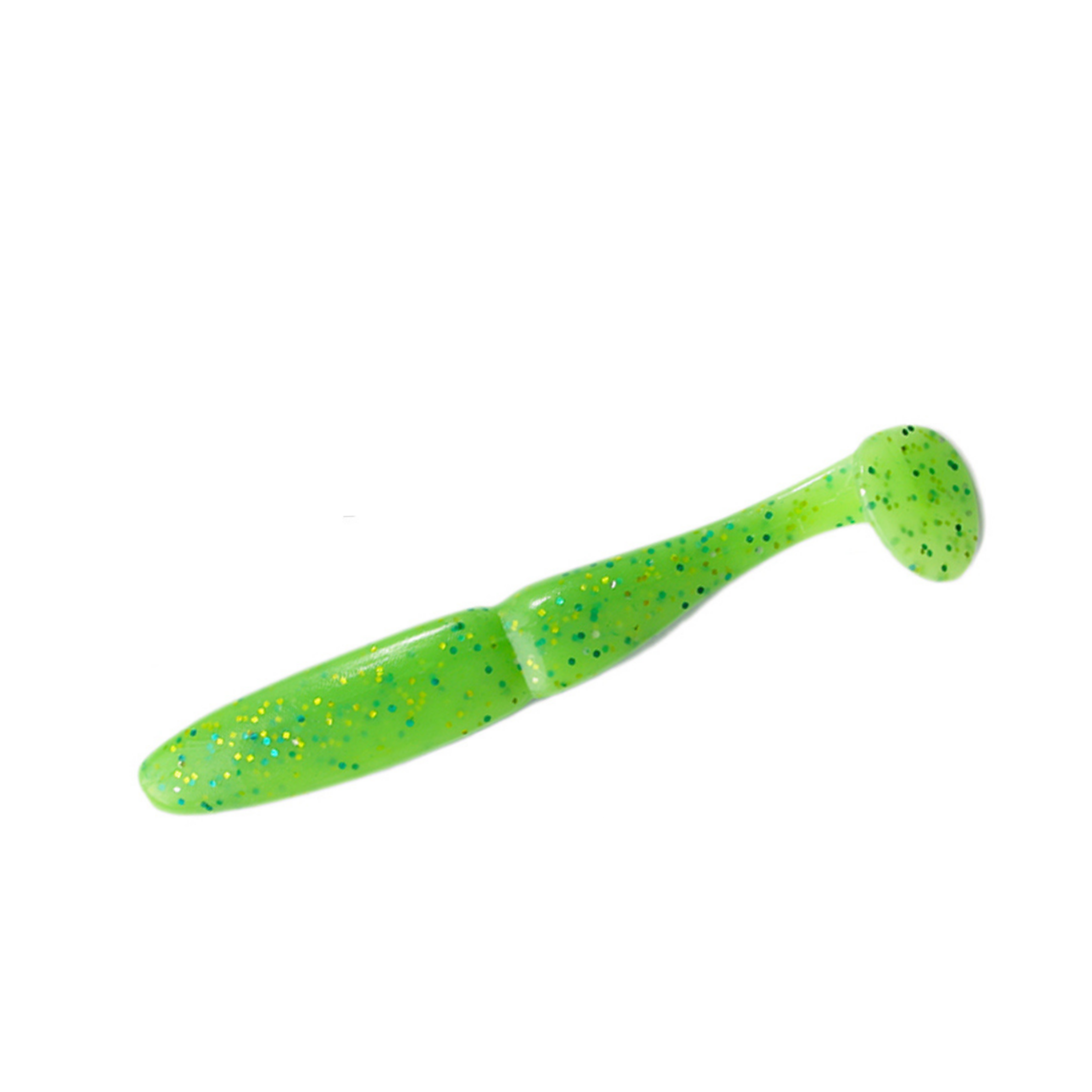 Slim Shad 4-inch Chartreuse Glitter paddle tail swimbait soft plastic lure with a slim baitfish profile and subtle tail kick.