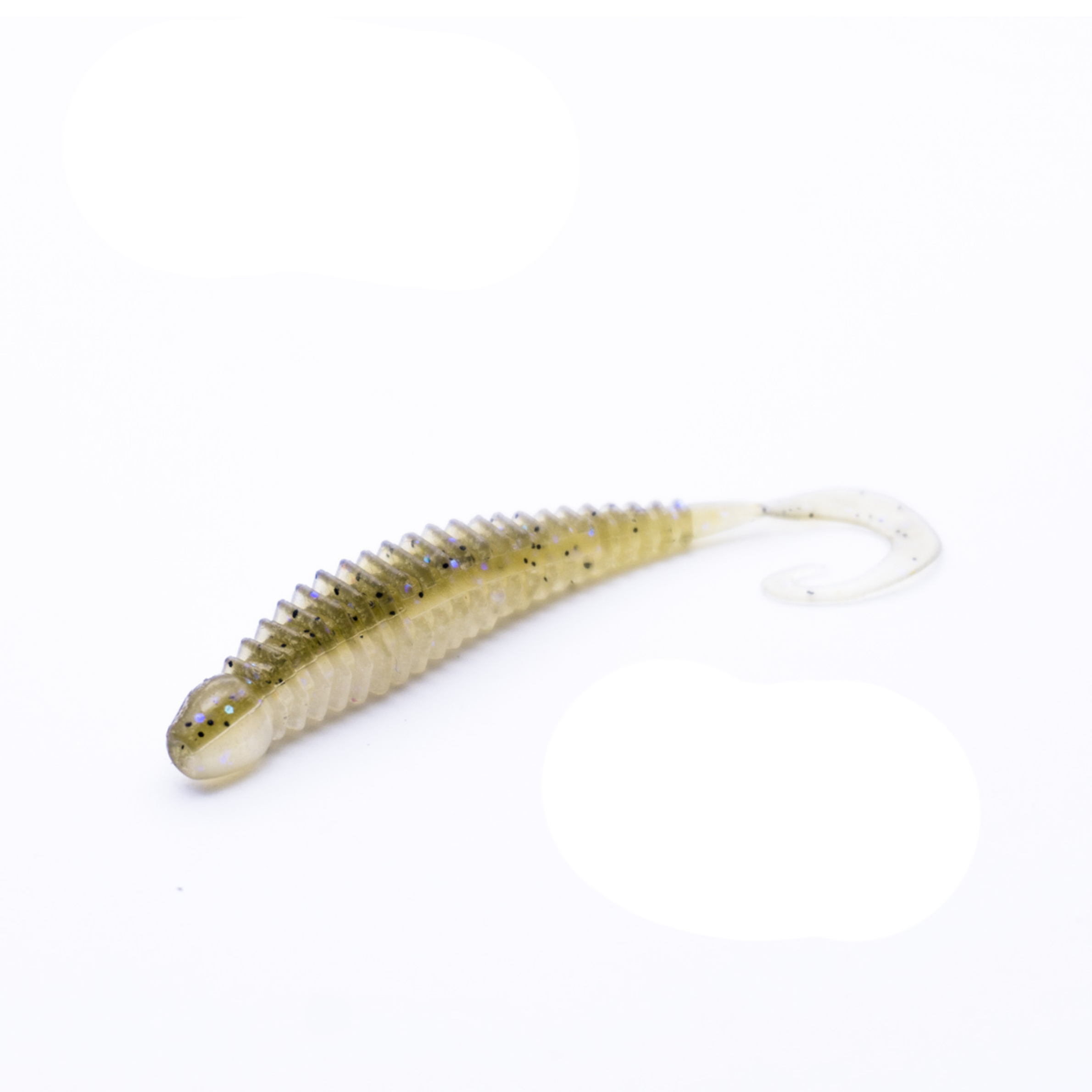 TurboRib 2-inch Green Pumpkin Pearl ribbed twister grub soft plastic lure with curly-tail action on white background.