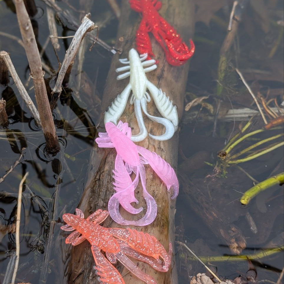 Colorful fishing lures on a branch over water