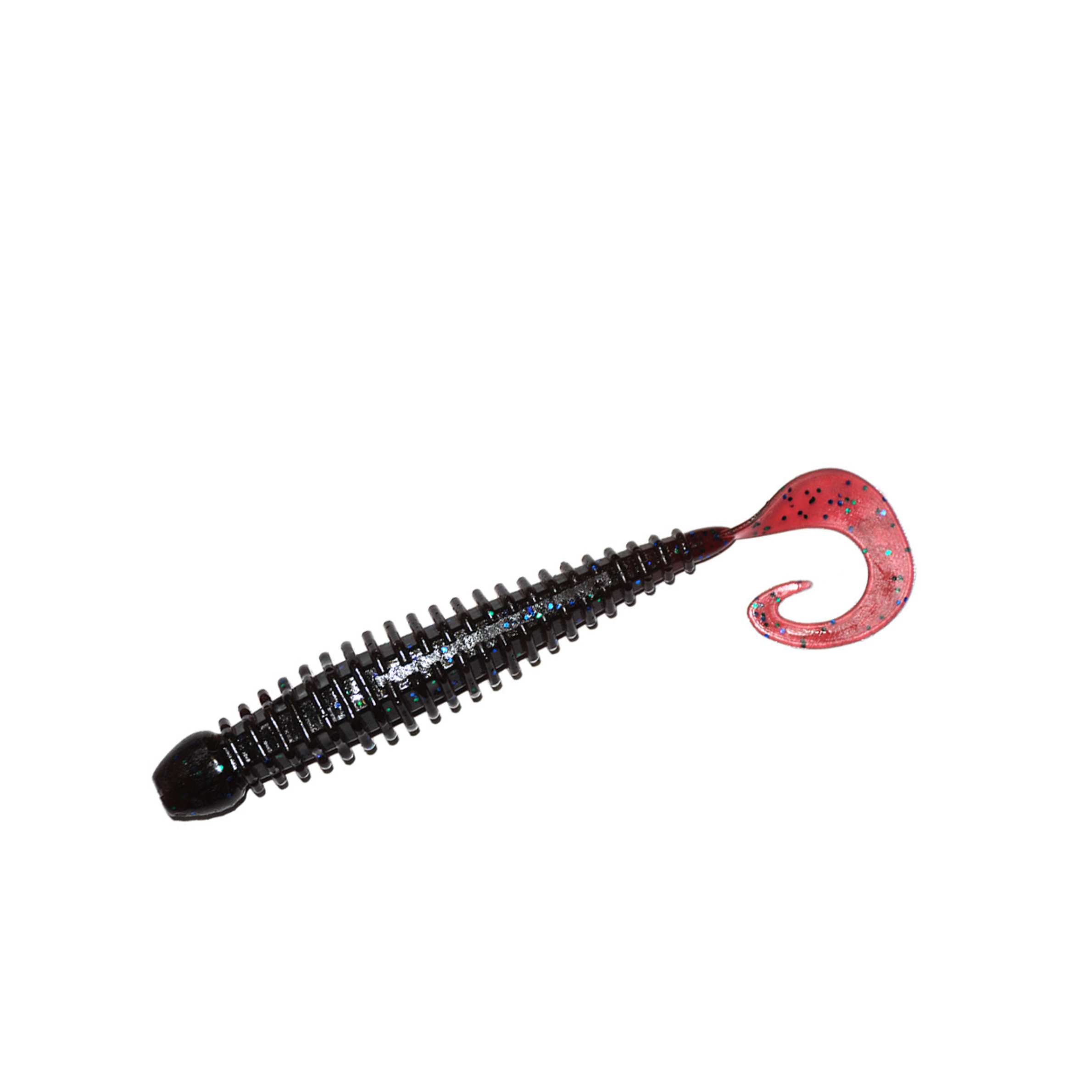 TurboRib 2-inch Black Red Tail ribbed twister grub soft plastic lure with curly-tail action on white background.