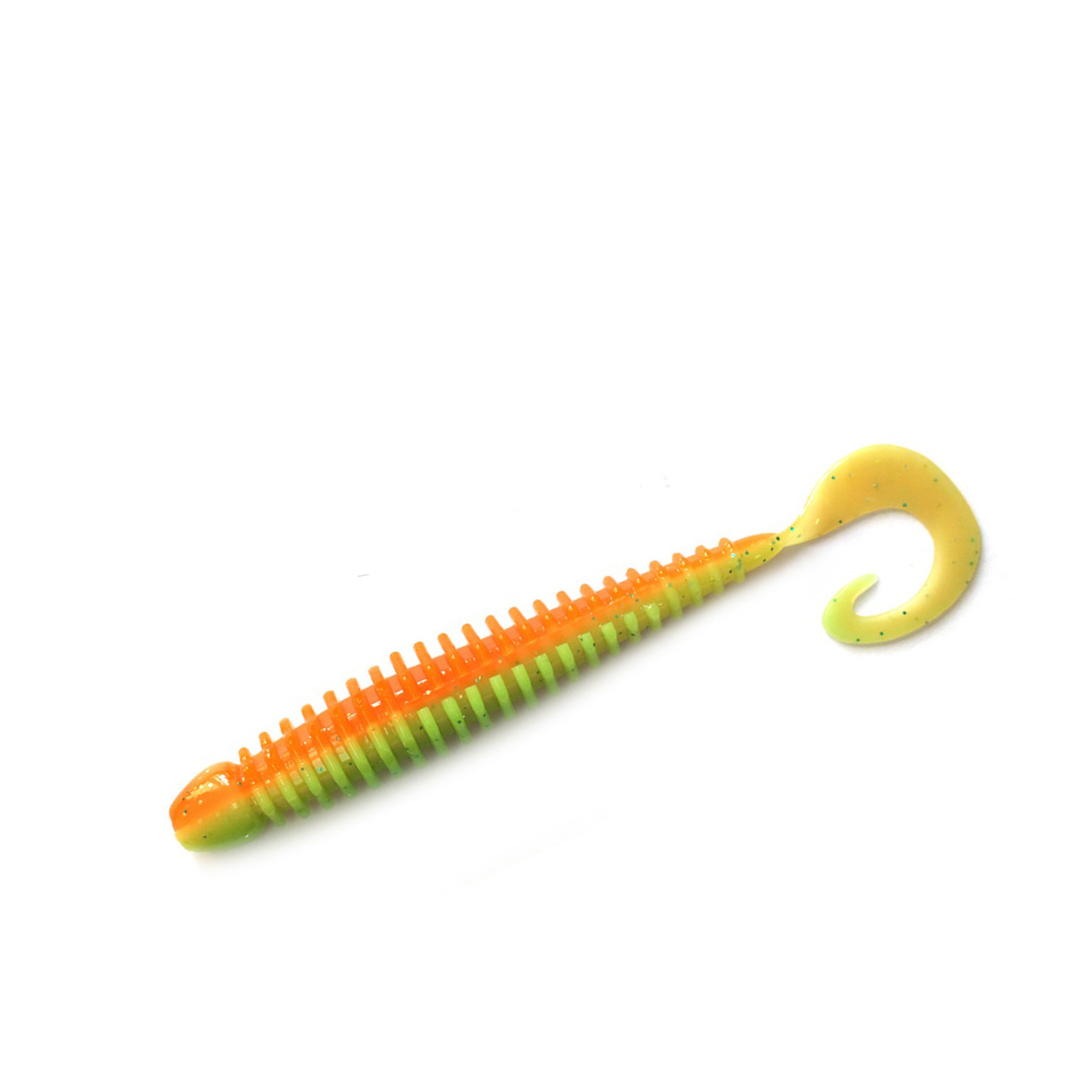 TurboRib 3-inch Firetiger ribbed twister grub soft plastic lure with curly-tail action on white background.