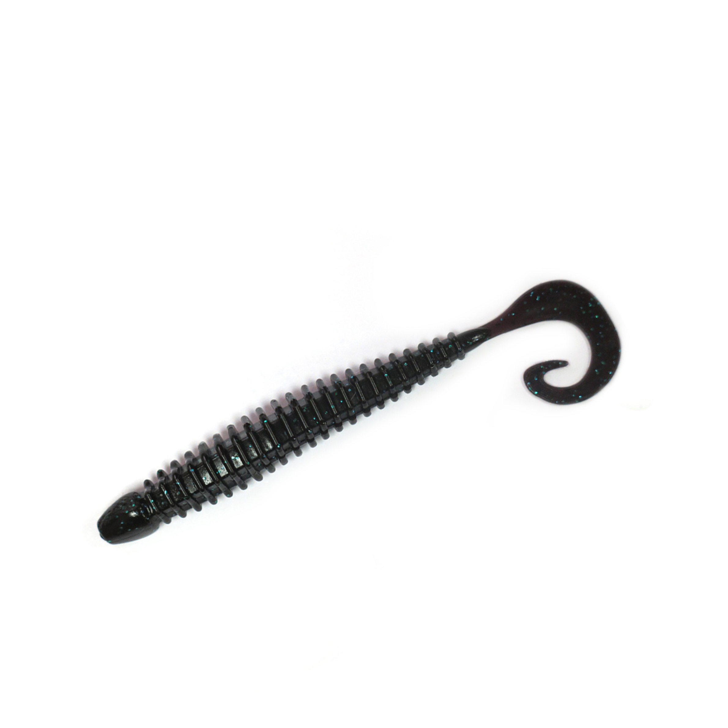 TurboRib 3-inch Black Blue Glitter ribbed twister grub soft plastic lure with curly-tail action on white background.