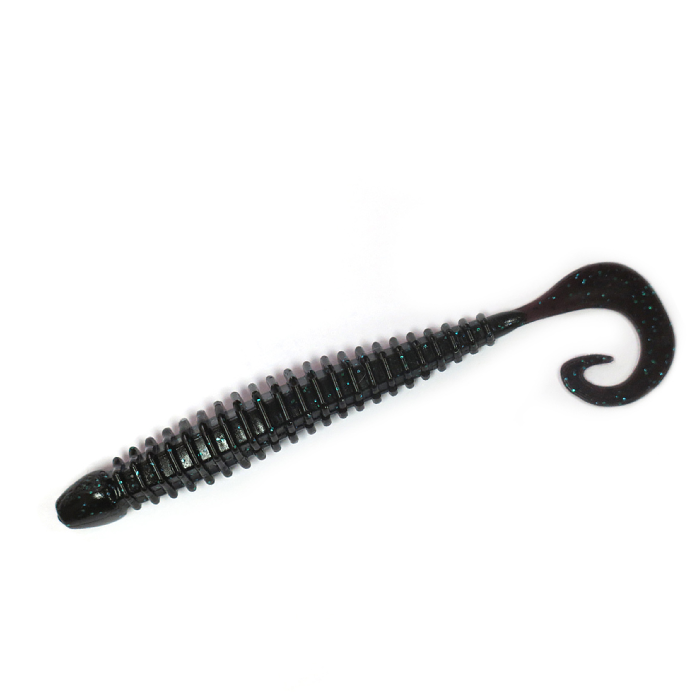 TurboRib 4-inch Black Blue Glitter ribbed twister grub soft plastic lure with curly-tail action on white background.