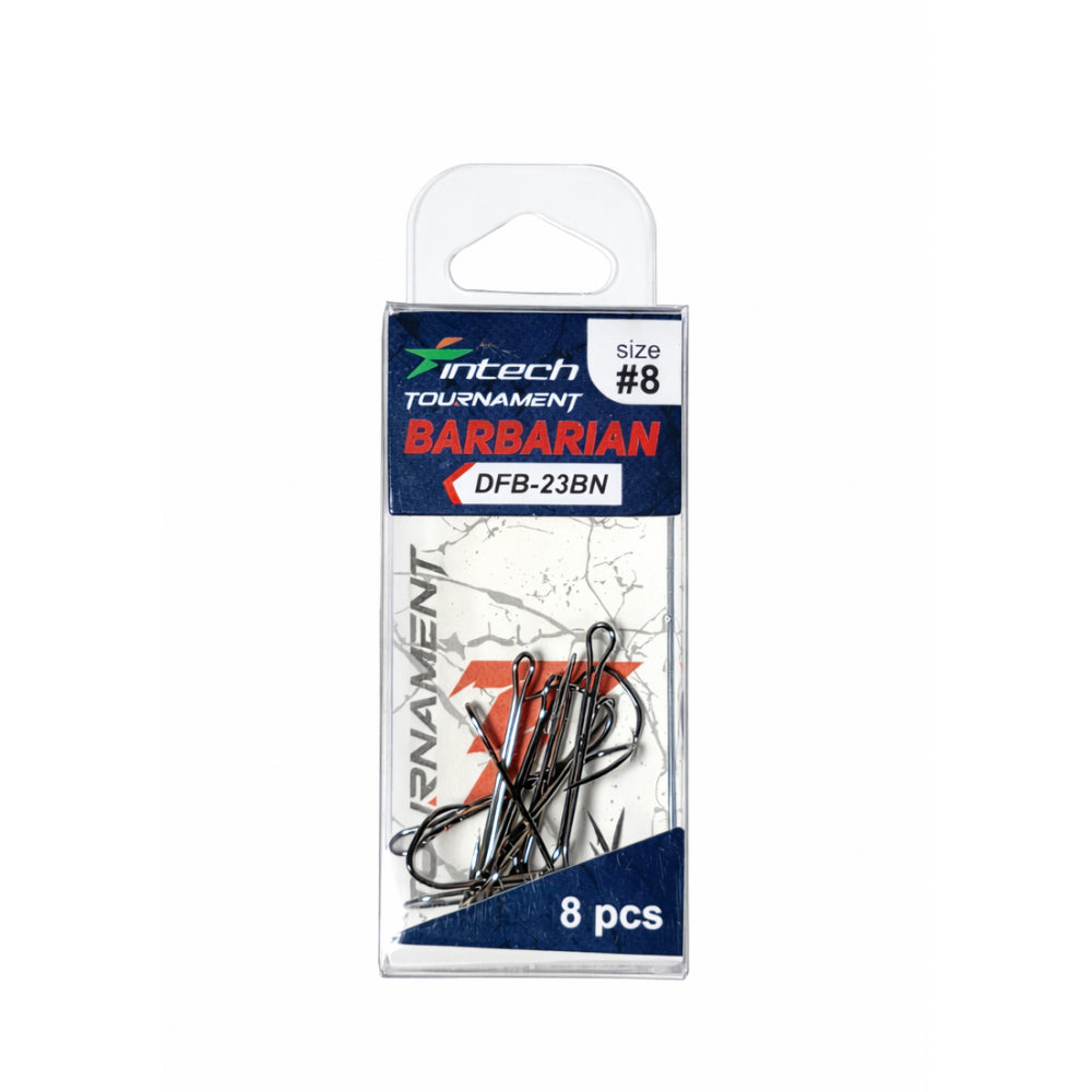 Pack of Intech Tournament Barbarian fishing hooks with clear packaging on a white background