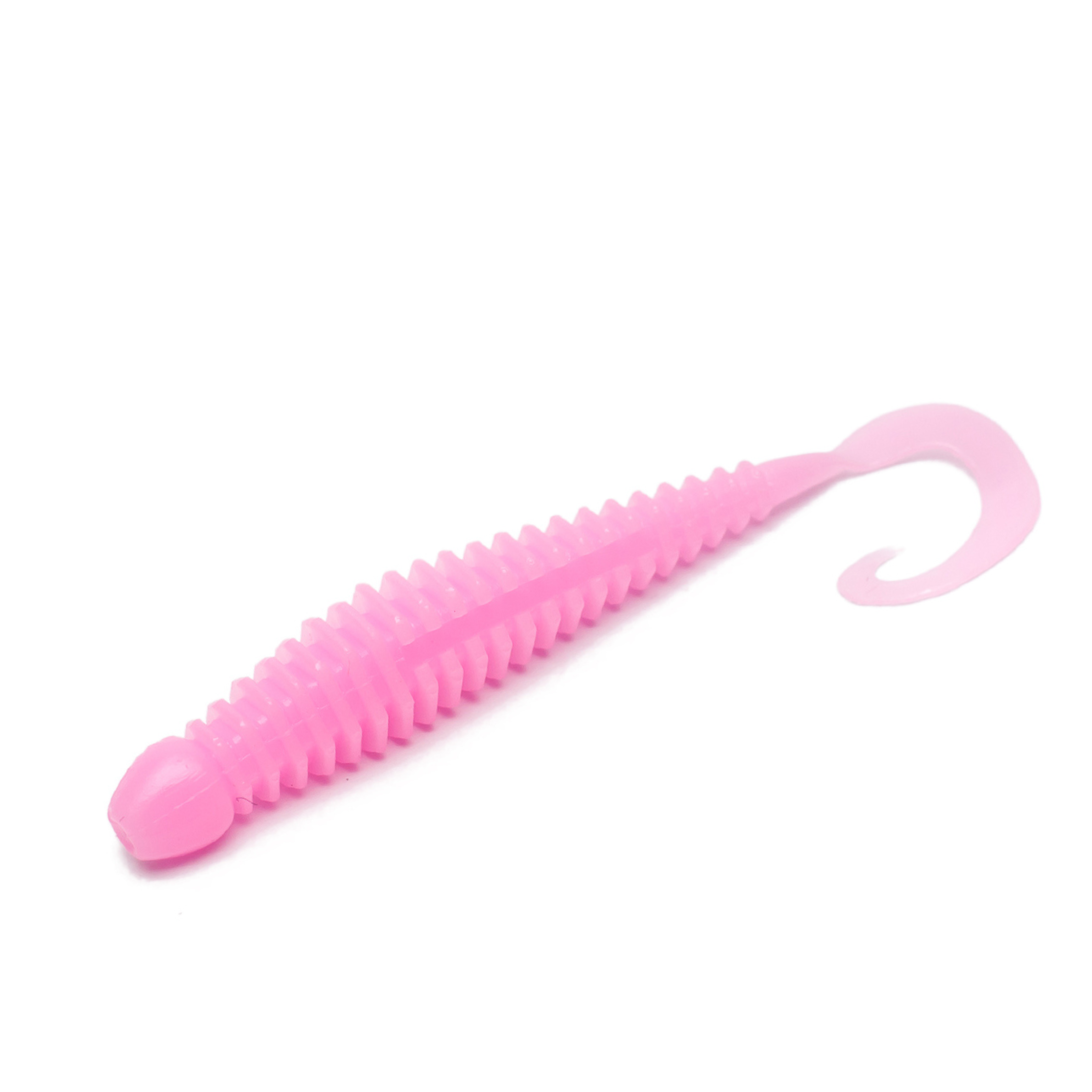 TurboRib 4-inch Bubblegum Pink ribbed twister grub soft plastic lure with curly-tail action on white background.