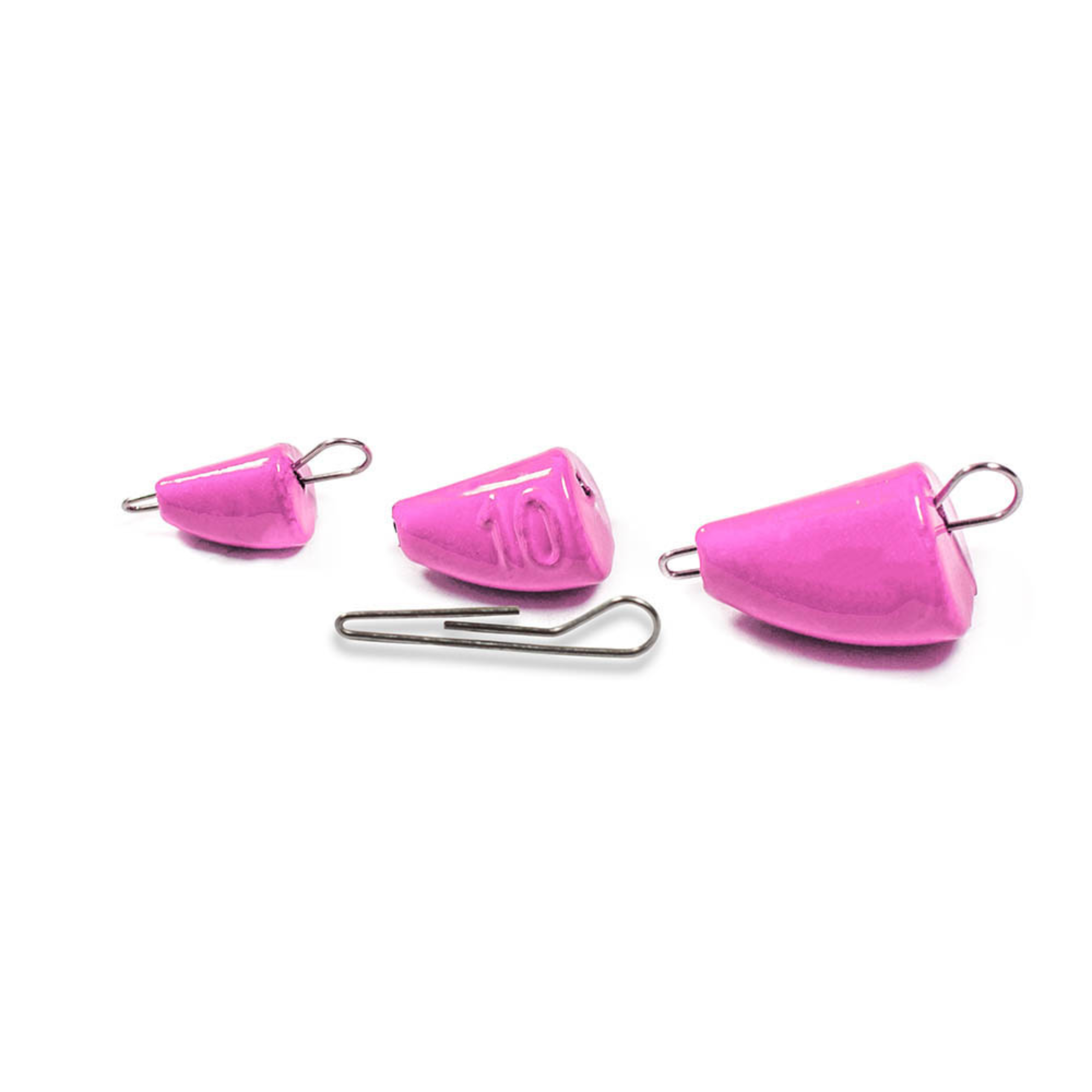 Pink UV bullet-style quick-change fishing weights with removable clips