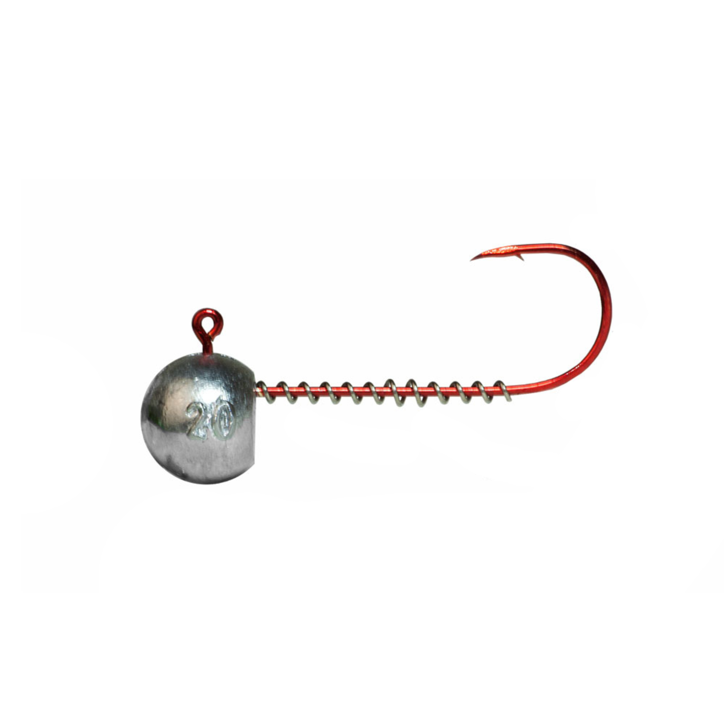 Jig head with red hook and spring keeper 5/0 for larger soft plastic swimbaits on white background.